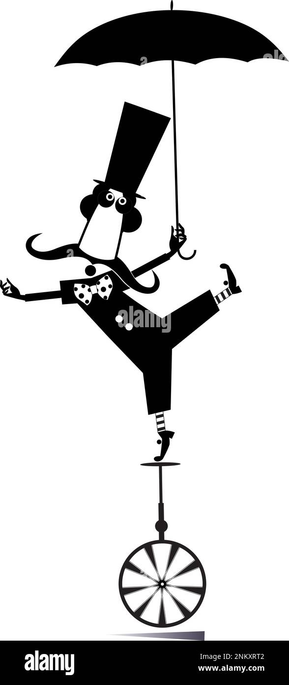 Funny man in the top hat balances on the unicycle. Cartoon man in the top hat with umbrella balances on the unicycle. Black and white illustration Stock Vector