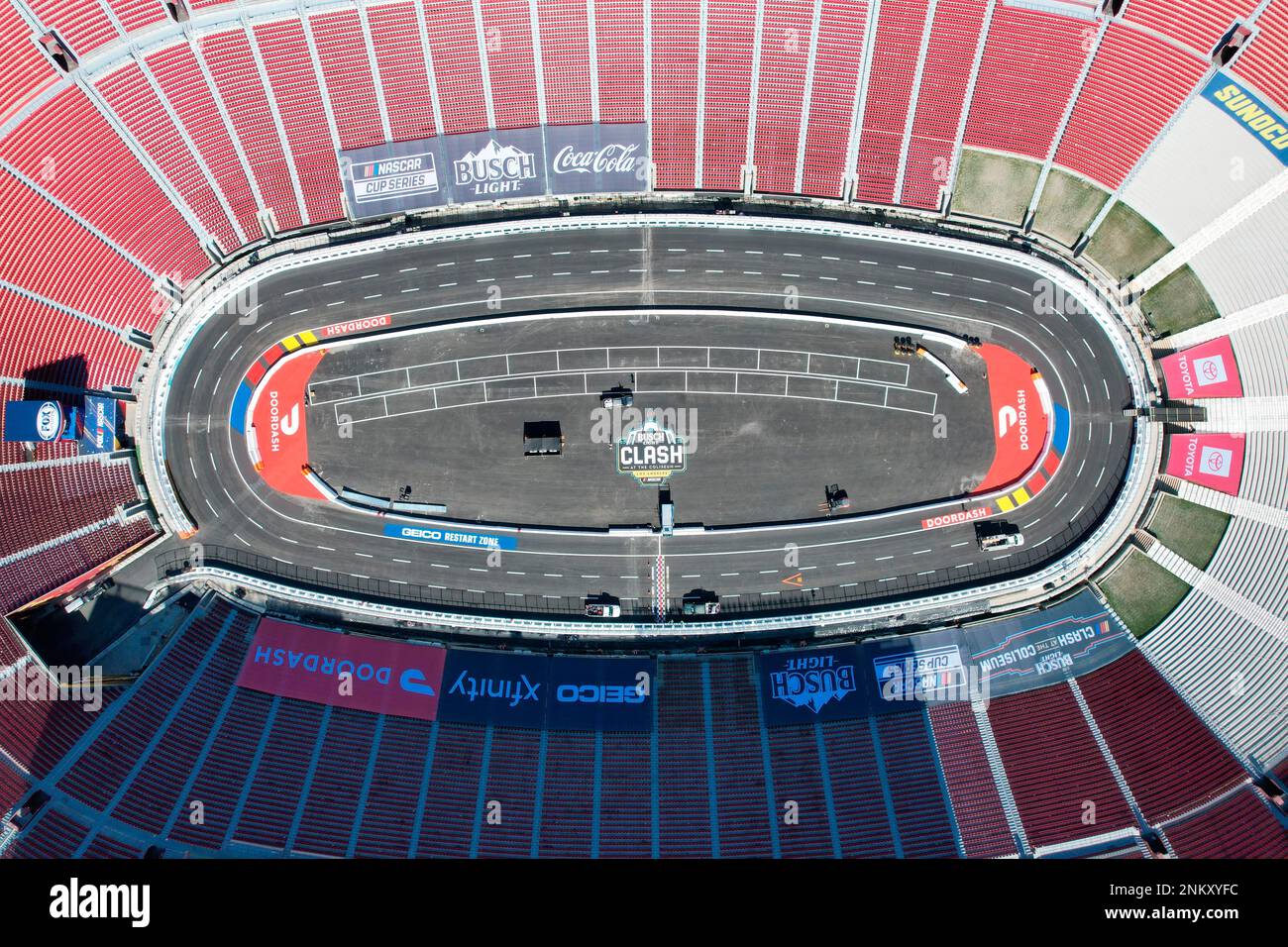 An aerial view of the temporary asphalt racetrack at the Los Angeles Memorial Coliseum for the