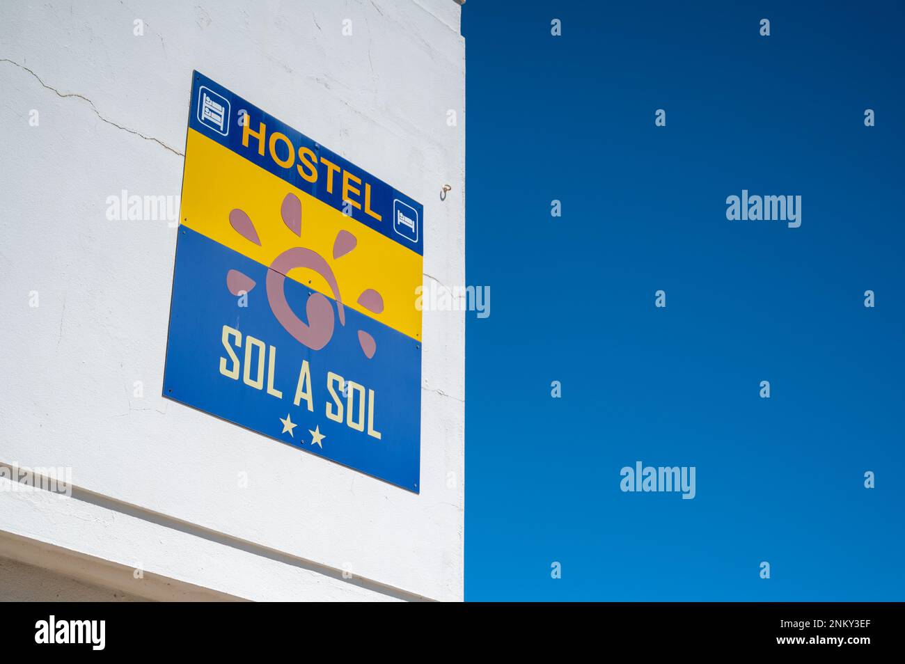 A sign for the Hostel Sol A Sol in Lagos, Algarve, Portugal, Stock Photo