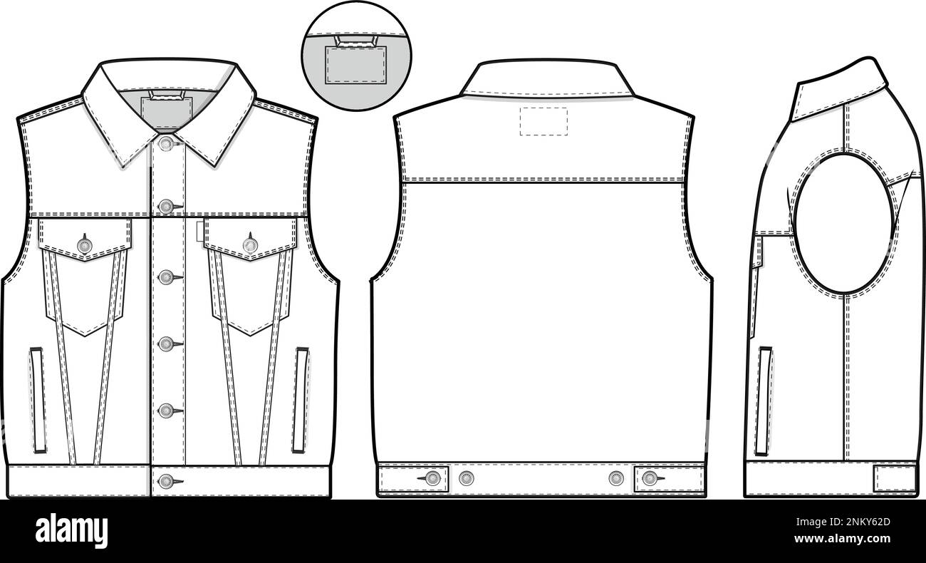 Men unisex cropped denim jean jacket vest cutoff sleeveless slim fit Collared Flat Technical Drawing Illustration Blank Mock-up Template Fashion CAD Stock Vector