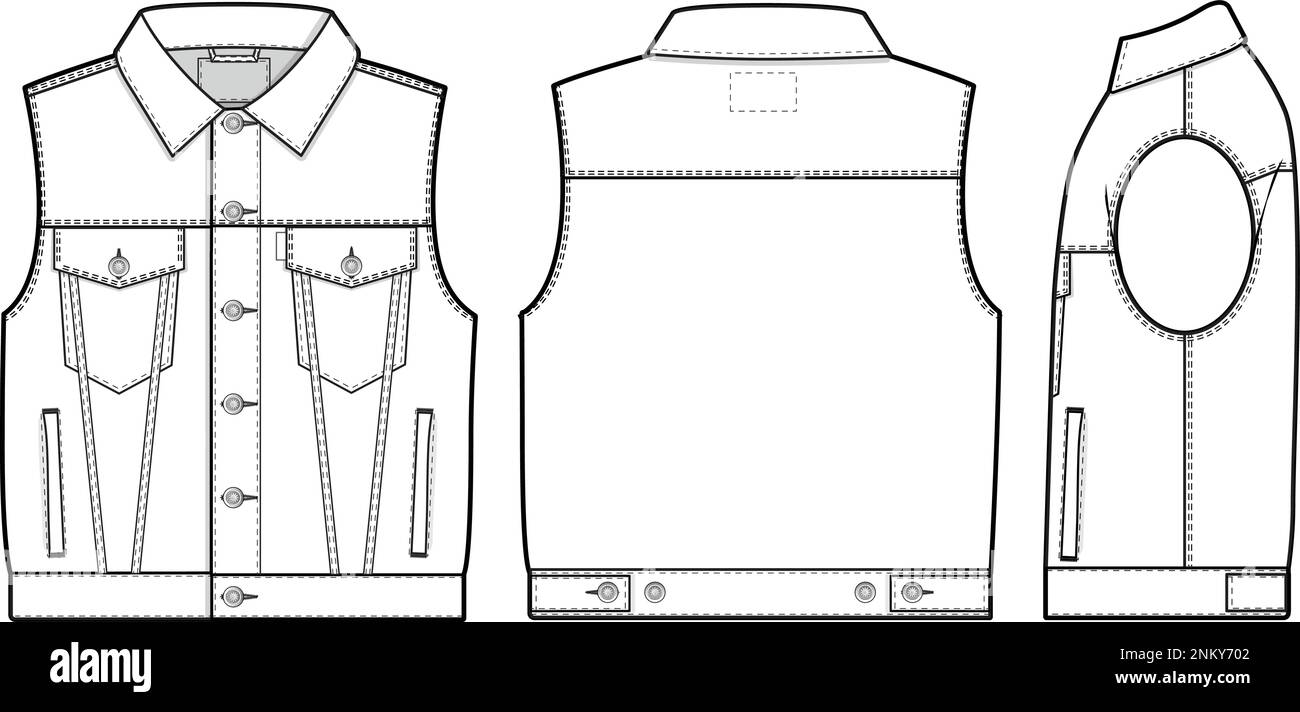 Men unisex cropped denim jean jacket vest cutoff sleeveless slim fit Collared Flat Technical Drawing Illustration Blank Mock-up Template Fashion CAD Stock Vector