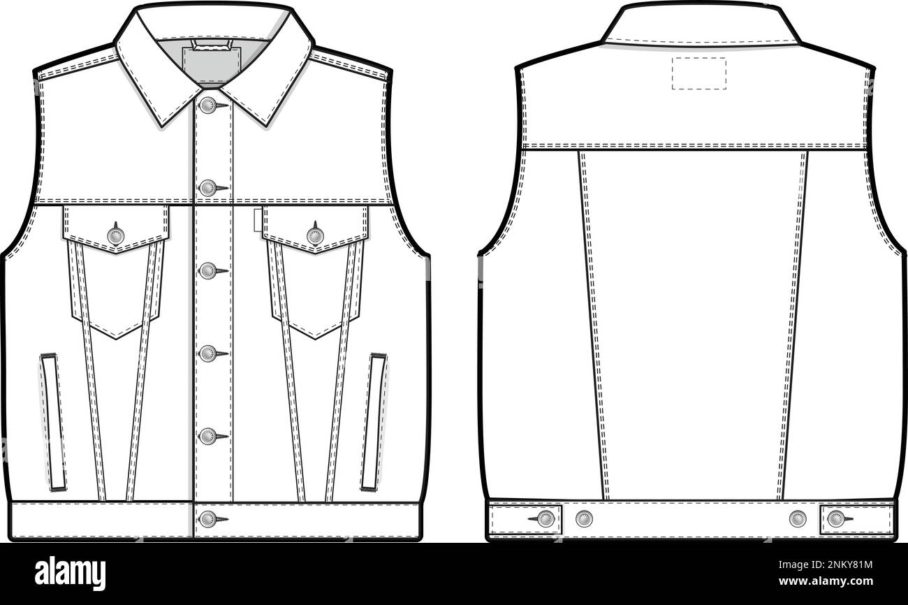 Men unisex regular fit denim jean jacket vest cutoff sleeveless Collared Flat Technical Drawing Illustration Blank Mock-up Template Fashion CAD design Stock Vector