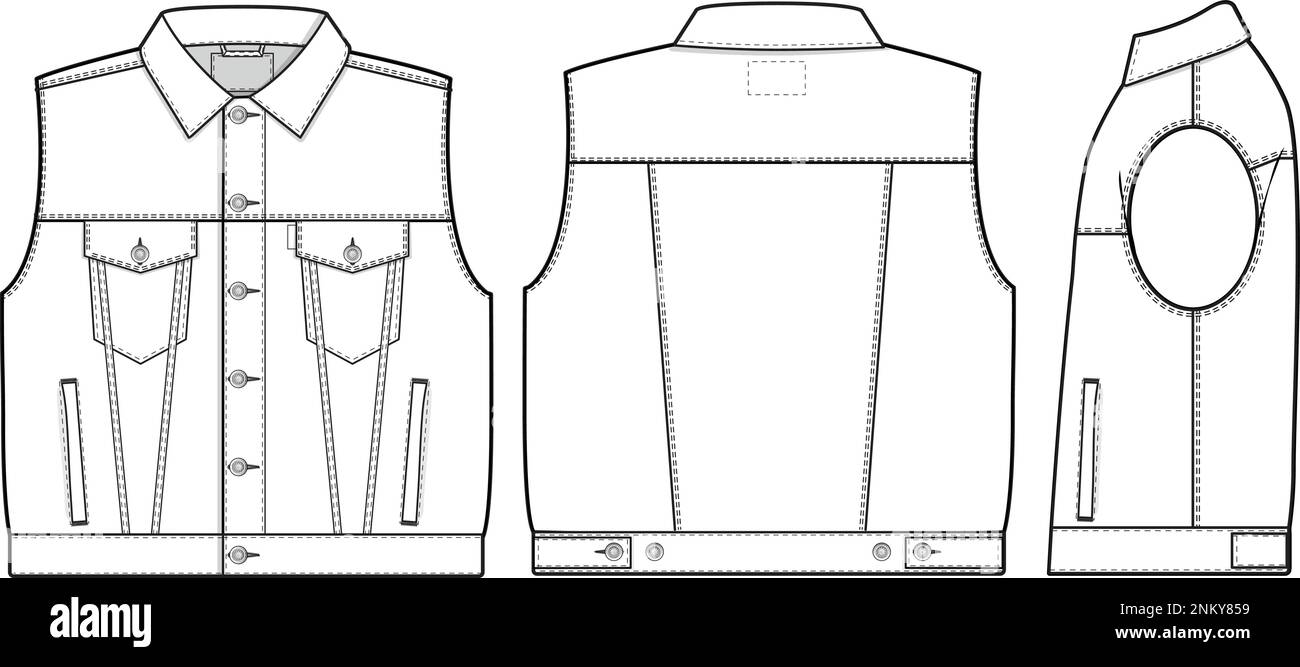 Men unisex Oversized denim jean jacket vest cutoff sleeveless Collared Flat Technical Drawing Illustration Blank Mock-up Template Fashion CAD design Stock Vector