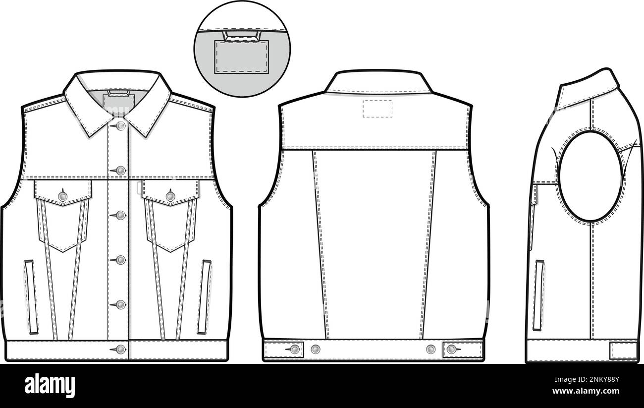 Women denim jean jacket vest cutoff sleeveless regular fit Collared Flat Technical Drawing Illustration Blank Mock-up Template Fashion CAD design Stock Vector