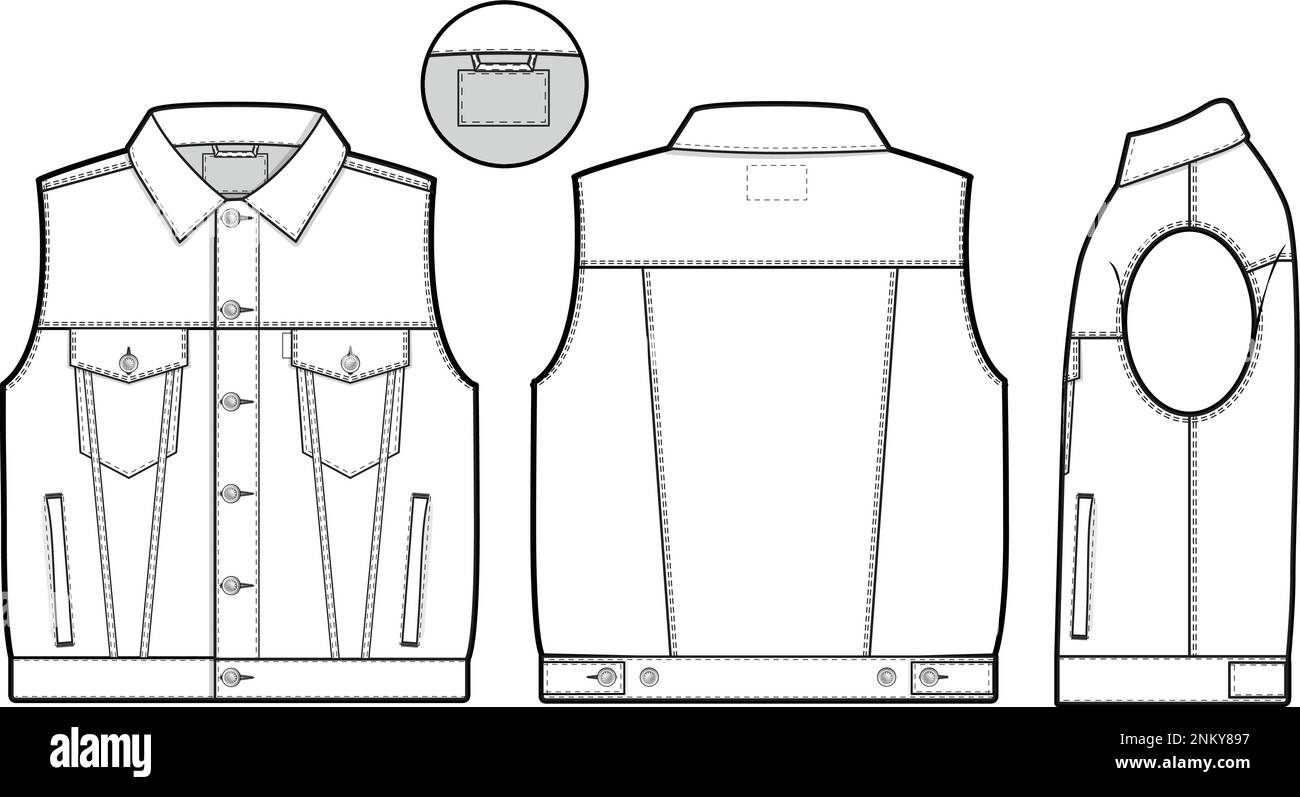 Men unisex regular fit denim jean jacket vest cutoff sleeveless Collared Flat Technical Drawing Illustration Blank Mock-up Template Fashion CAD design Stock Vector
