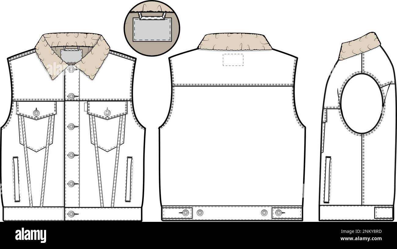 Men unisex cropped denim sherpa jean jacket vest cutoff sleeveless streetwear Collared Flat Technical Drawing Illustration Blank Mock-up Fashion CAD Stock Vector