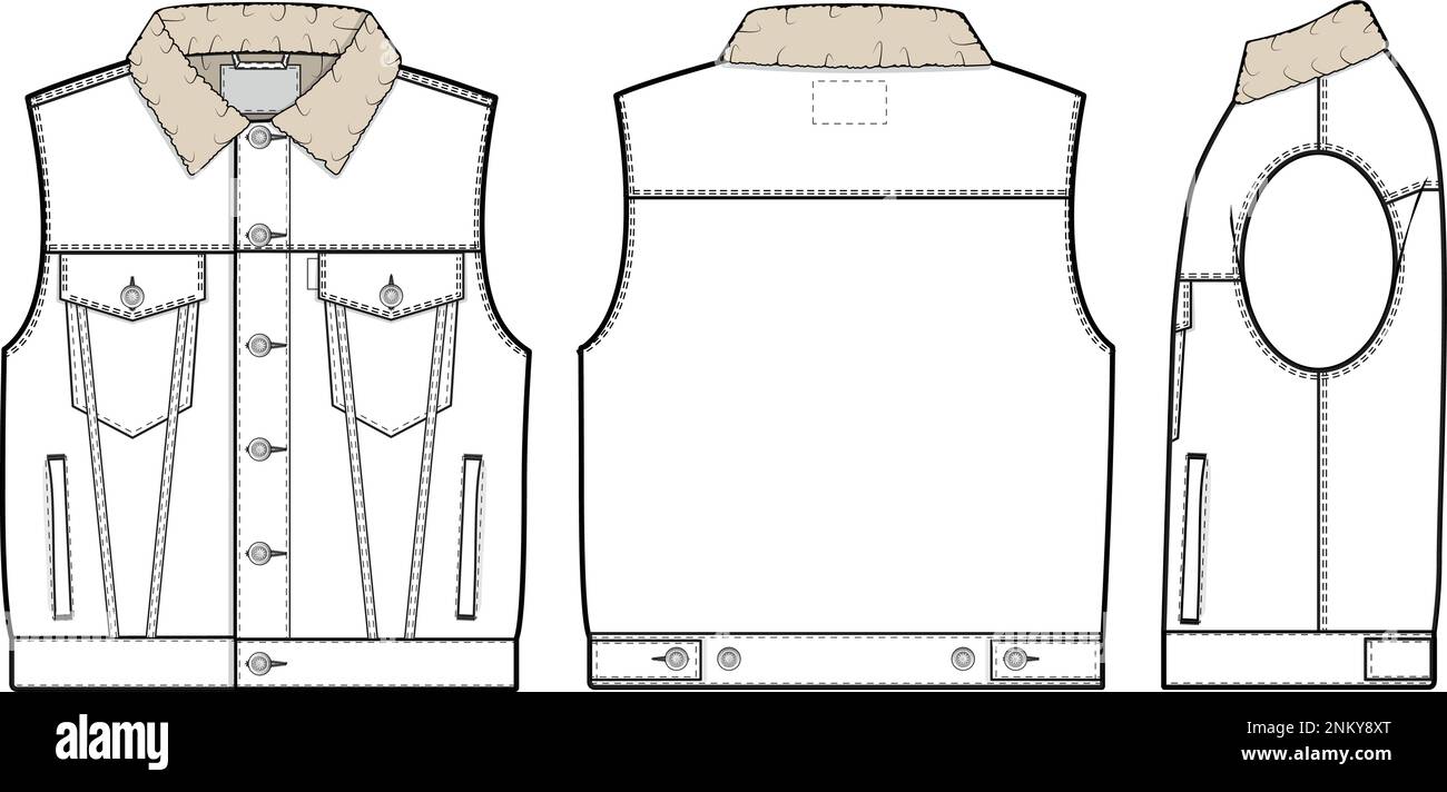 Men unisex cropped denim sherpa jean jacket vest cutoff sleeveless streetwear Collared Flat Technical Drawing Illustration Blank Mock-up Fashion CAD Stock Vector