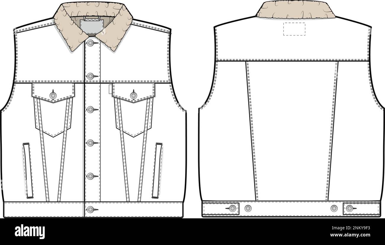 Men unisex oversized sherpa jean denim vest trucker vector flat technical drawing illustration mock-up template for design and tech packs fashion CAD Stock Vector