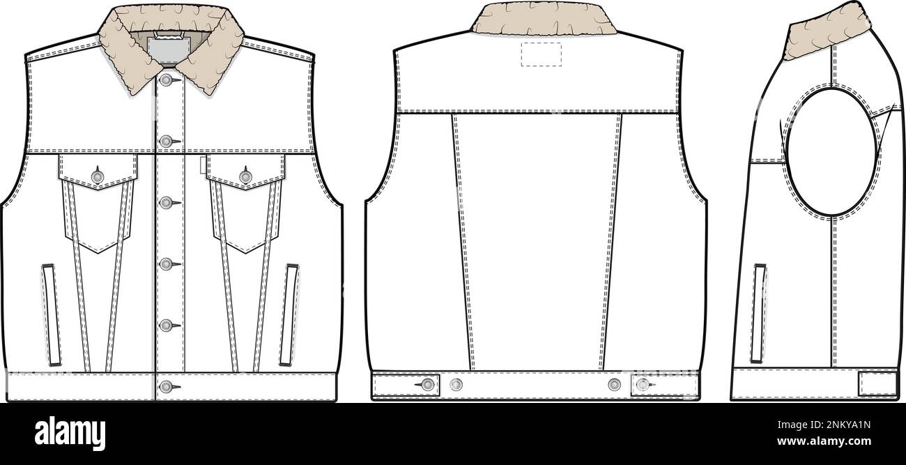 Men unisex oversized sherpa jean denim vest trucker vector flat technical drawing illustration mock-up template for design and tech packs fashion CAD Stock Vector