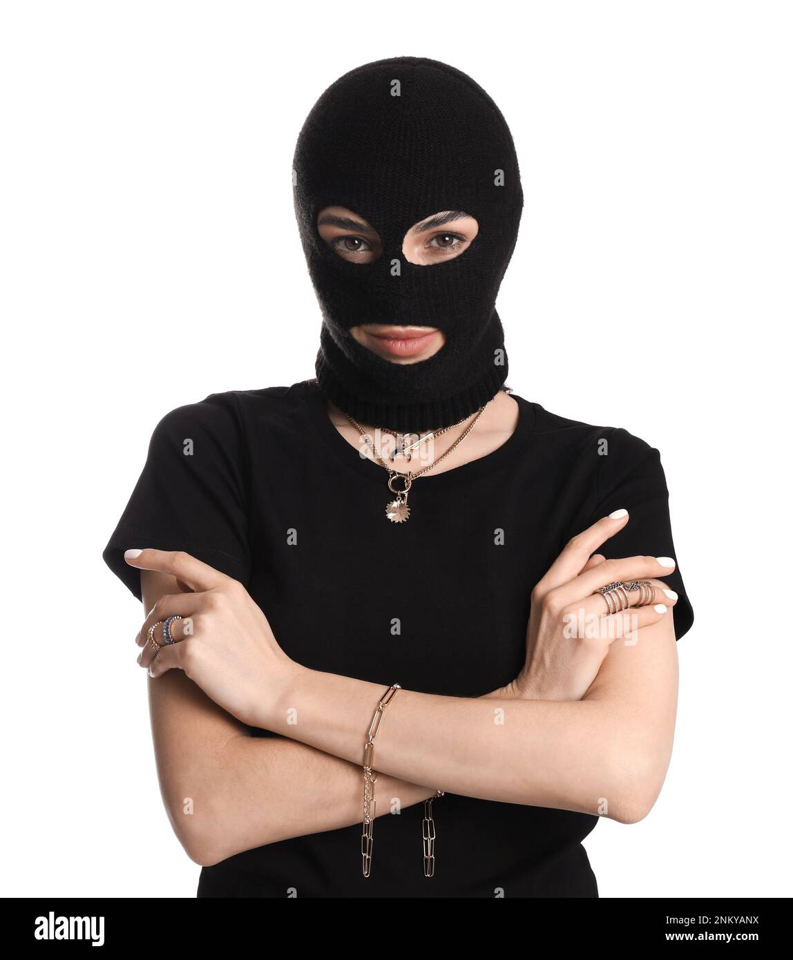 Woman wearing knitted balaclava on white background Stock Photo Alamy