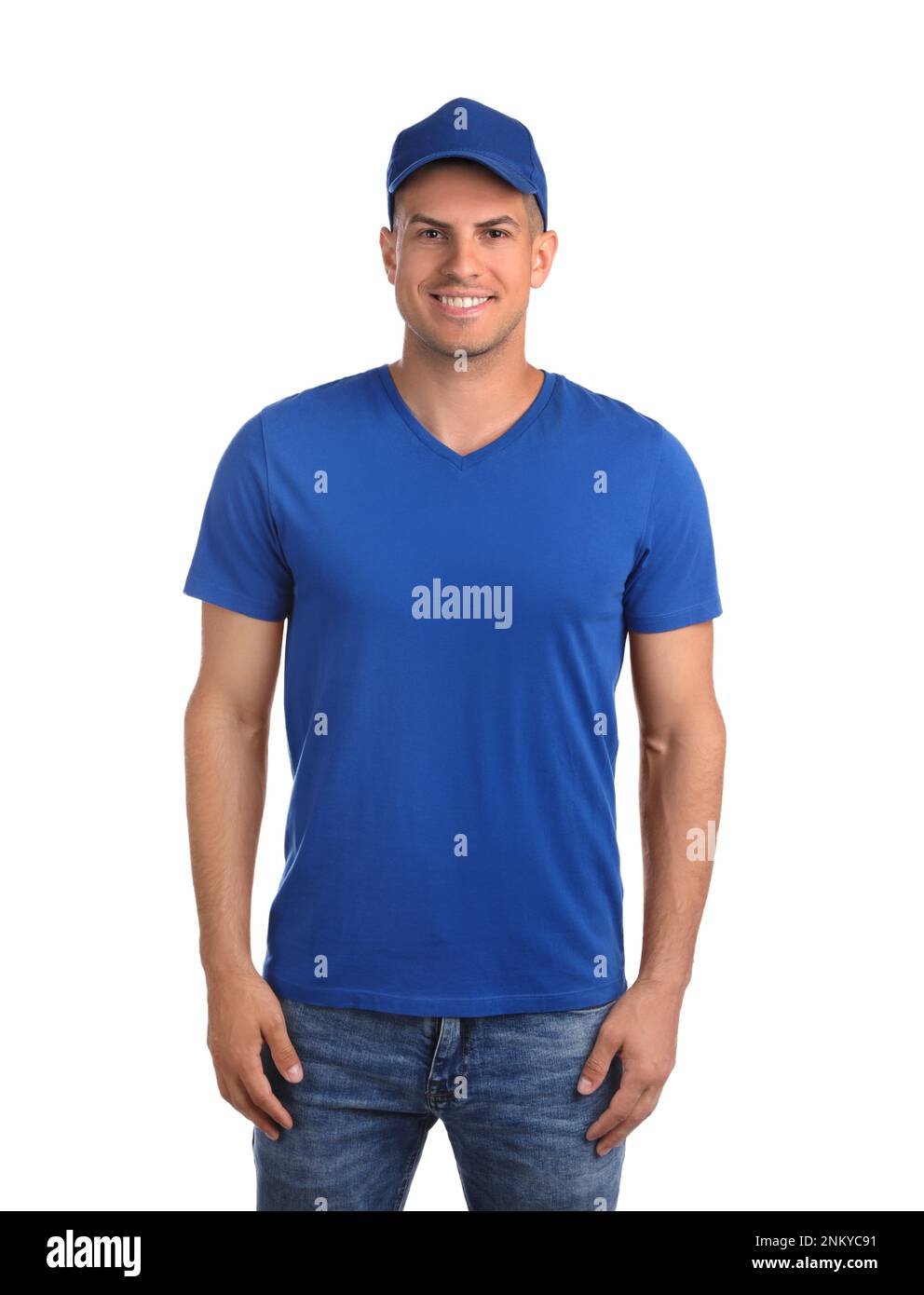Happy man in blue cap and tshirt on white background. Mockup for design