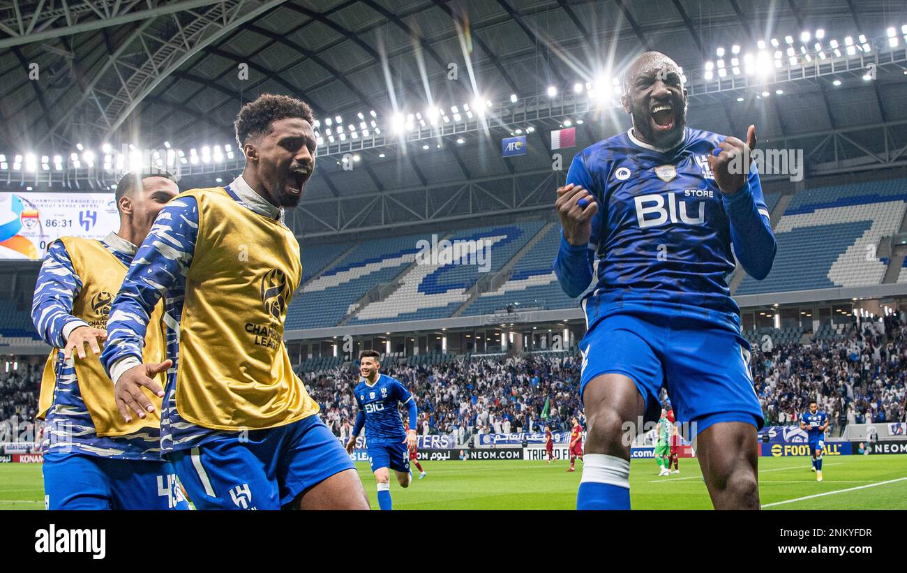 Al Wakrah, Qatar. February 23, 2023, Al-Hilal SFC's Moussa Marega celebrates after scoring 87th minute victory goal against Foolad Khuzestan FC (IRN) during their AFC Champions League 2022 Quarter-Finals match at Al Janoub Stadium on February 23, 2023 in Al Wakrah, Qatar. Photo by Victor Fraile / Power Sport Images Stock Photo