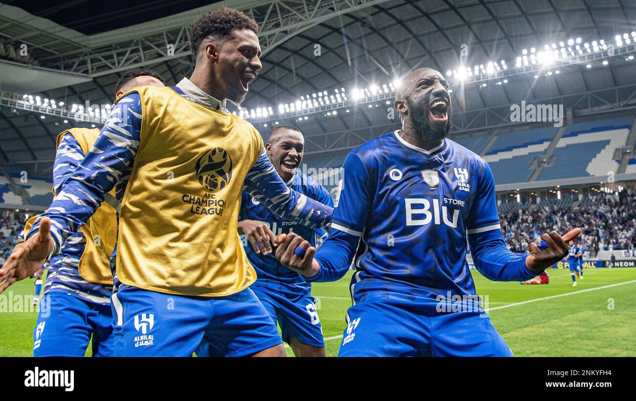 Al Wakrah, Qatar. February 23, 2023, Al-Hilal SFC's Moussa Marega celebrates after scoring 87th minute victory goal against Foolad Khuzestan FC (IRN) during their AFC Champions League 2022 Quarter-Finals match at Al Janoub Stadium on February 23, 2023 in Al Wakrah, Qatar. Photo by Victor Fraile / Power Sport Images Stock Photo