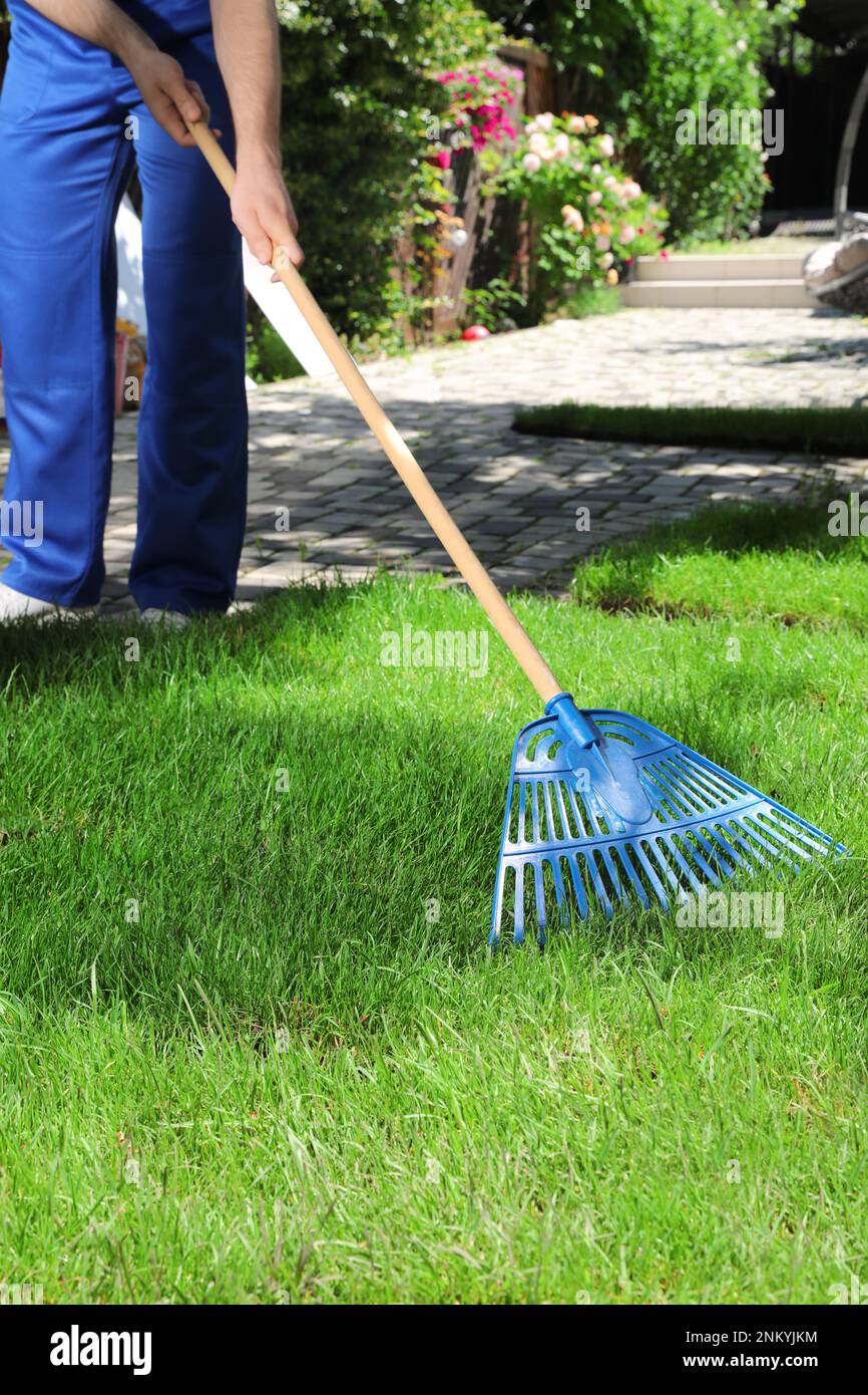 Gardener raking grass sod on backyard, closeup Stock Photo Alamy