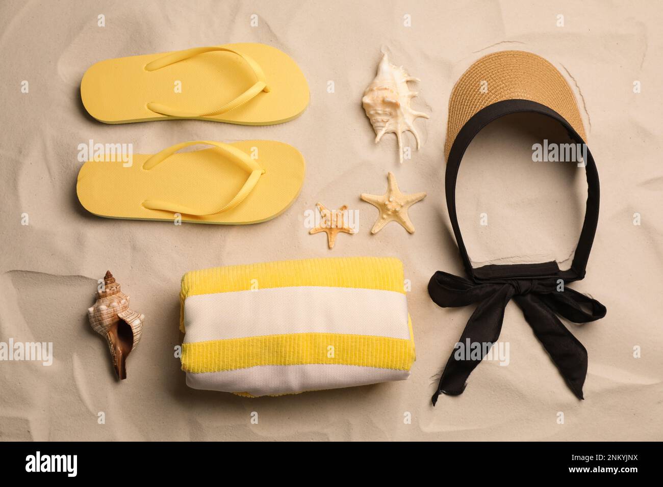 Flat lay composition with beach objects on sand Stock Photo