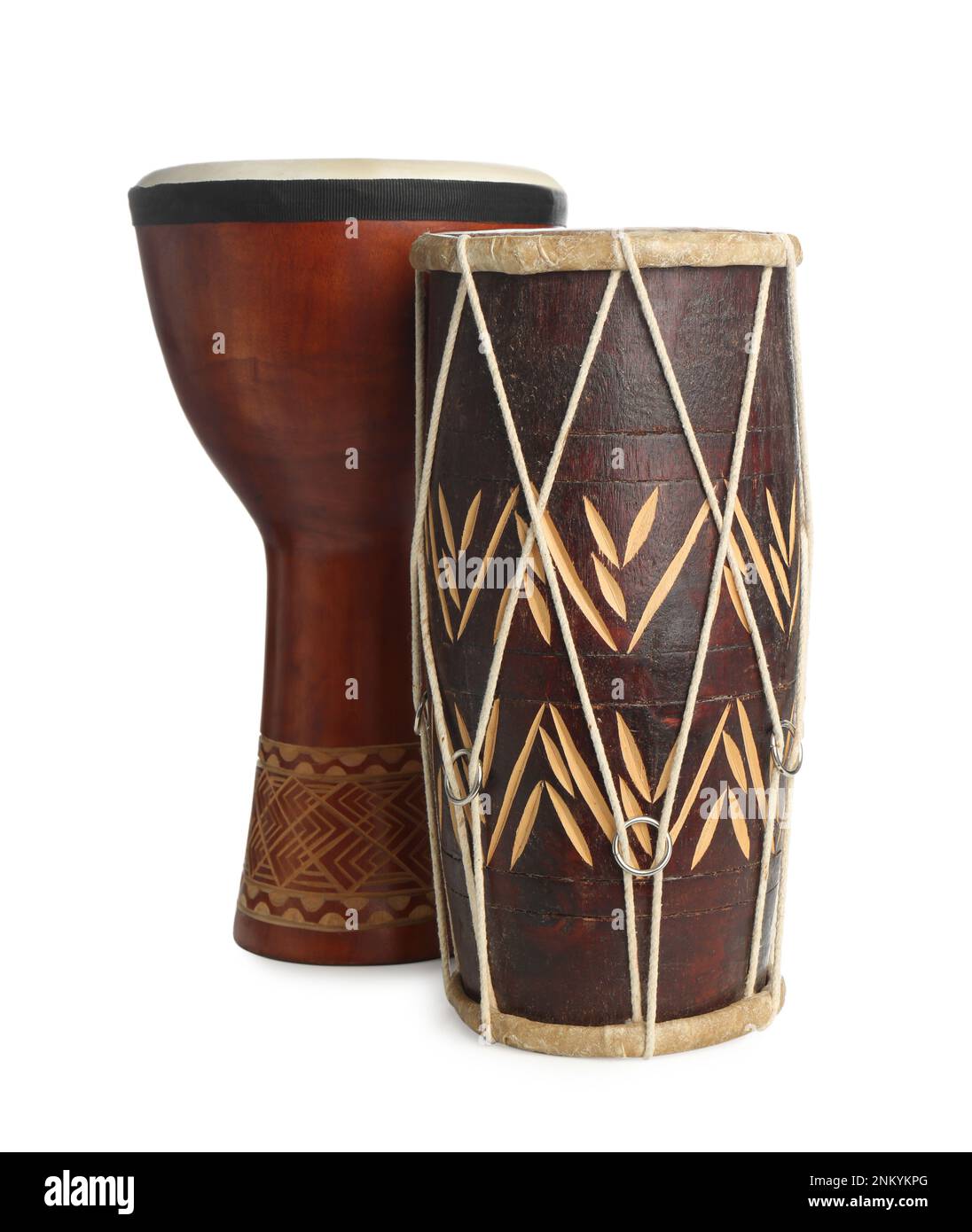 Vintage hand drums isolated on white. Percussion musical instruments