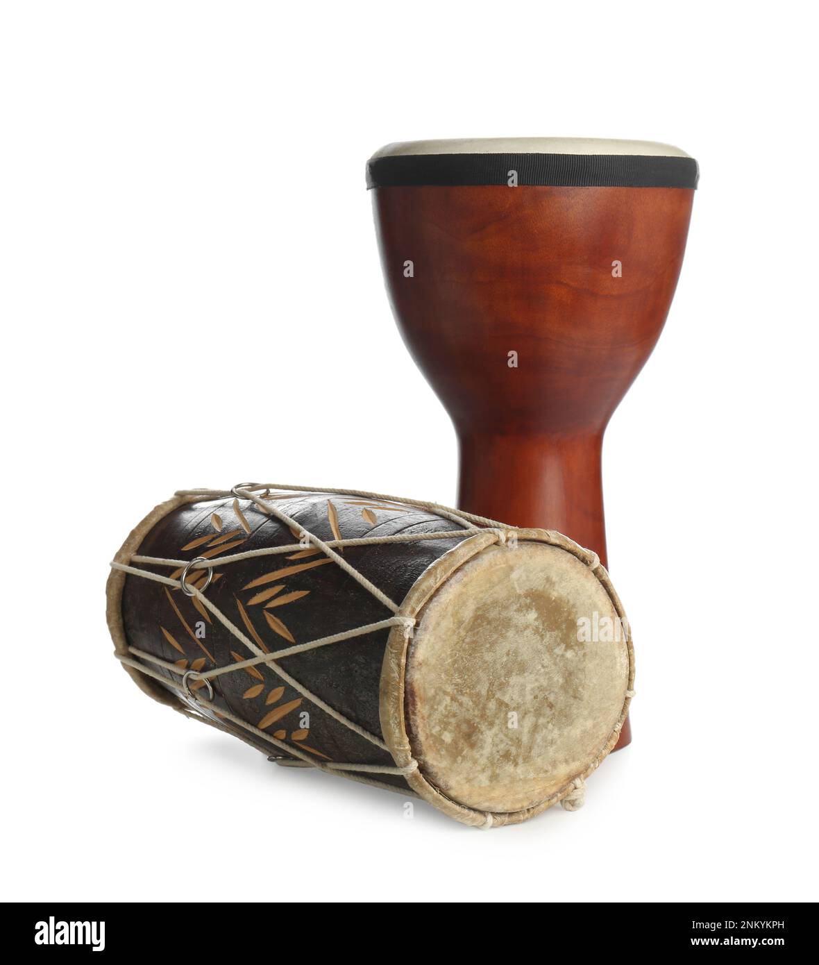 Vintage hand drums isolated on white. Percussion musical instruments