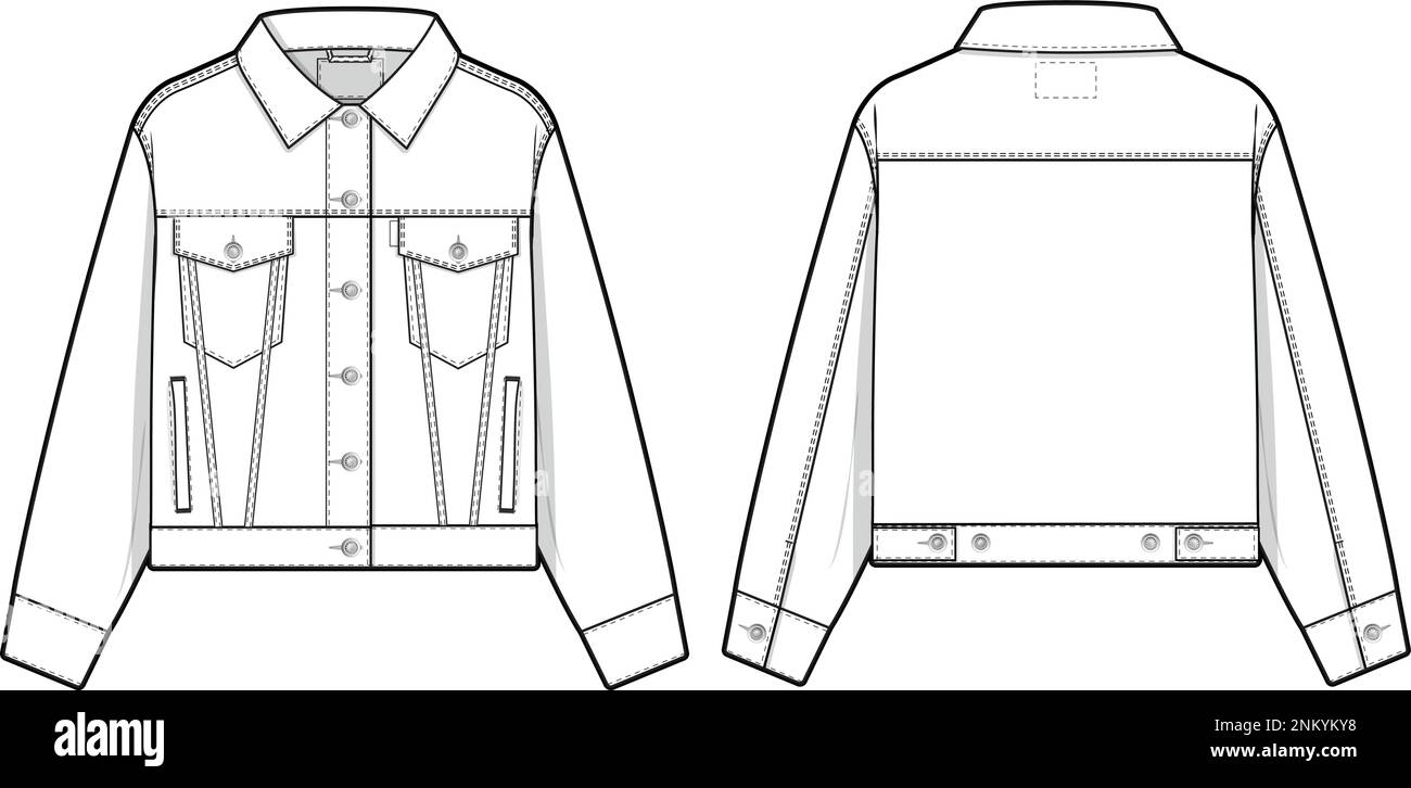 Women cropped denim jean jacket trucker vector flat technical drawing ...