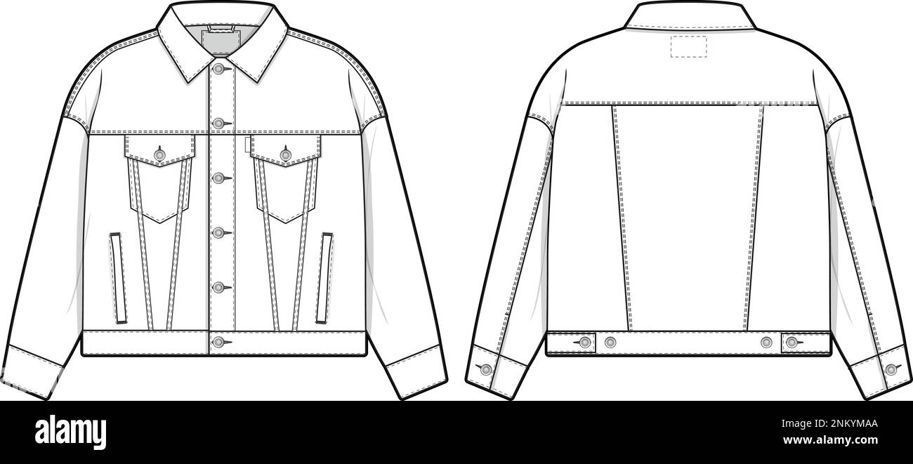 Men unisex oversized baggy denim jean jacket trucker vector flat technical drawing illustration mock-up template for design and tech packs fashion CAD Stock Vector