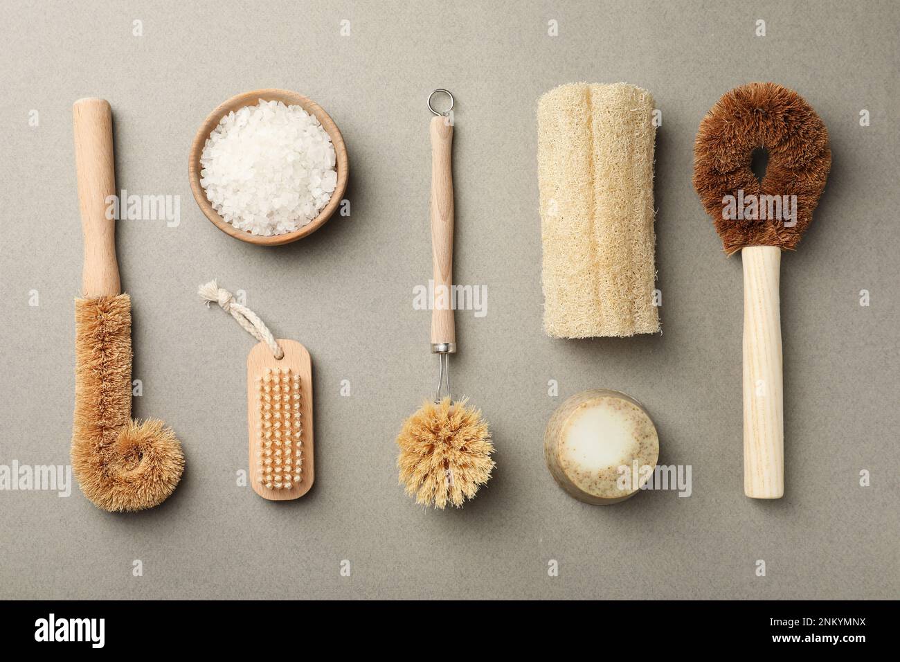 Flat lay composition with eco friendly products on light grey ...