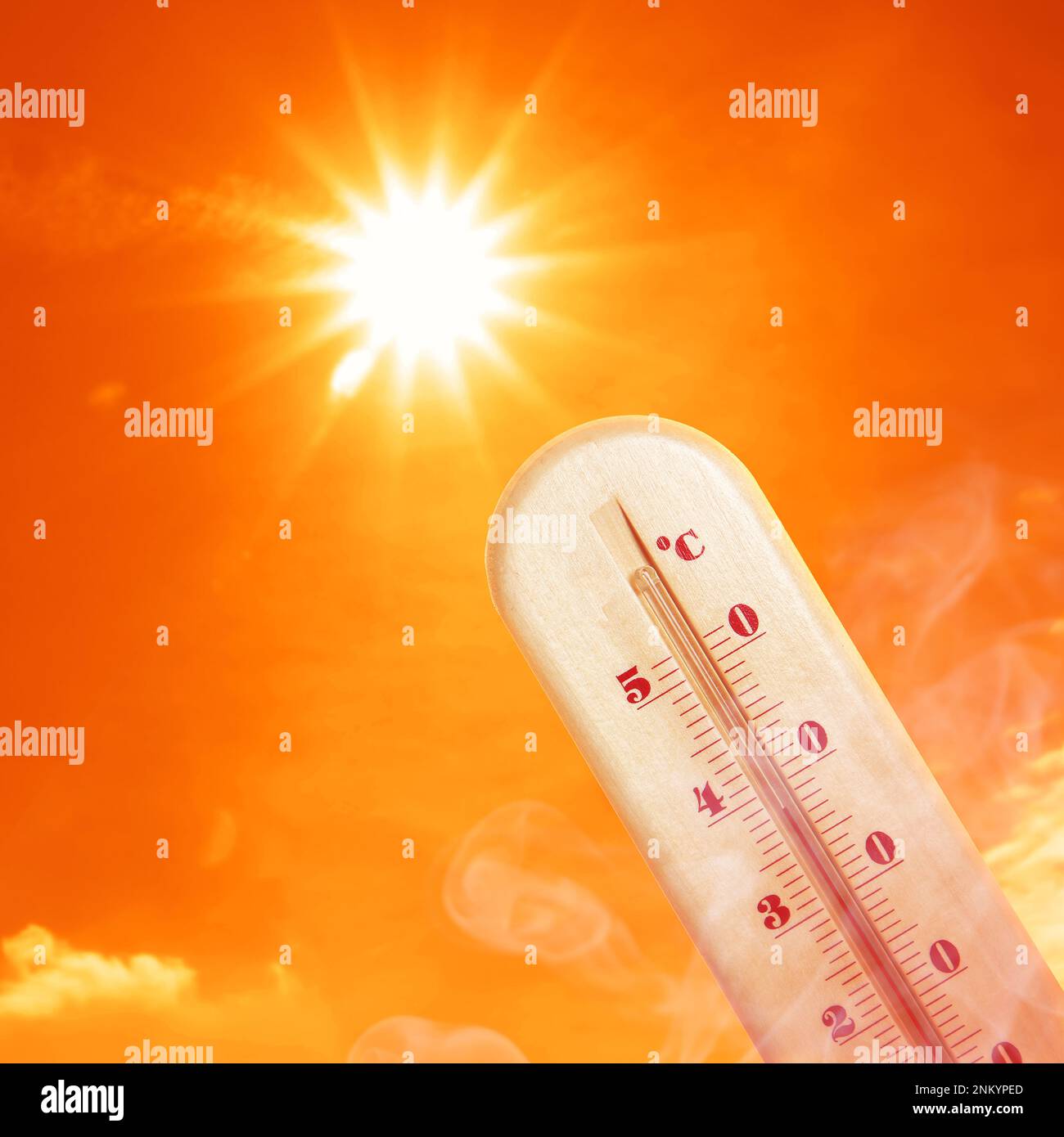 Weather thermometer with high temperature outdoors on hot sunny day
