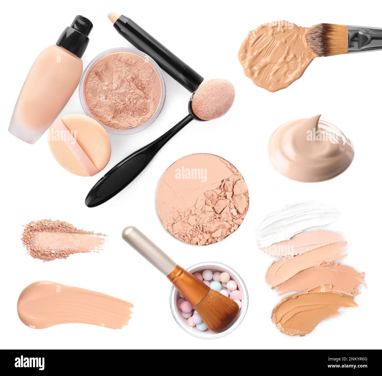 Set with different liquid foundation and face powder on white background Stock Photo Alamy