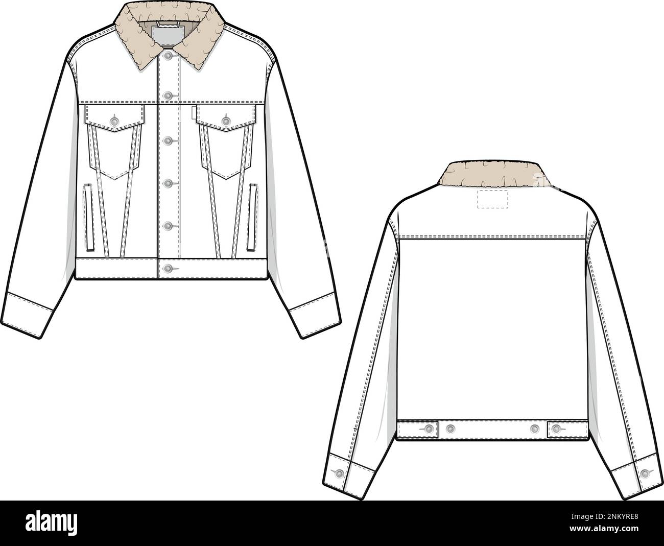 Men unisex cropped sherpa denim jean jacket trucker vector flat technical drawing illustration mock-up template for design and tech packs fashion CAD Stock Vector