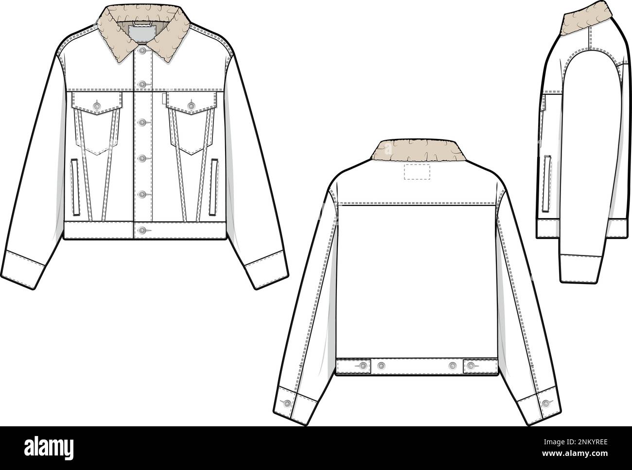 Men unisex cropped sherpa denim jean jacket trucker vector flat technical drawing illustration mock-up template for design and tech packs fashion CAD Stock Vector
