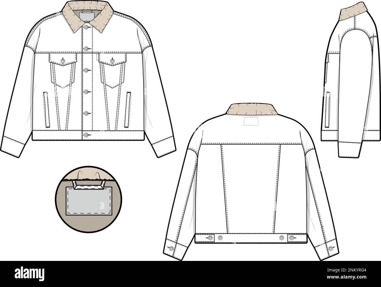 Men unisex oversized sherpa denim jean jacket trucker vector flat technical drawing illustration mock-up template for design tech packs fashion CAD Stock Vector