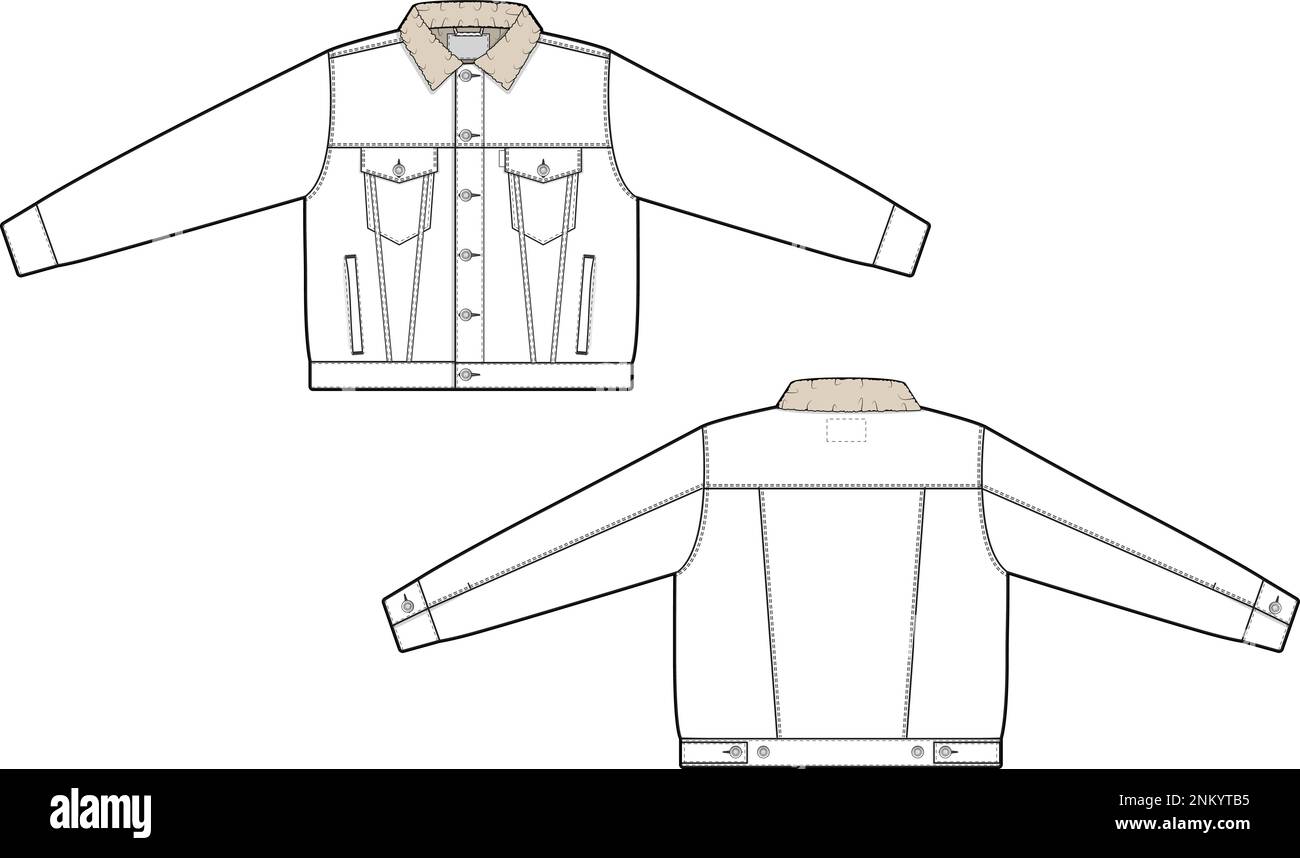 Men unisex oversized sherpa denim jean jacket trucker vector flat technical drawing illustration mock-up template for design tech packs fashion CAD Stock Vector