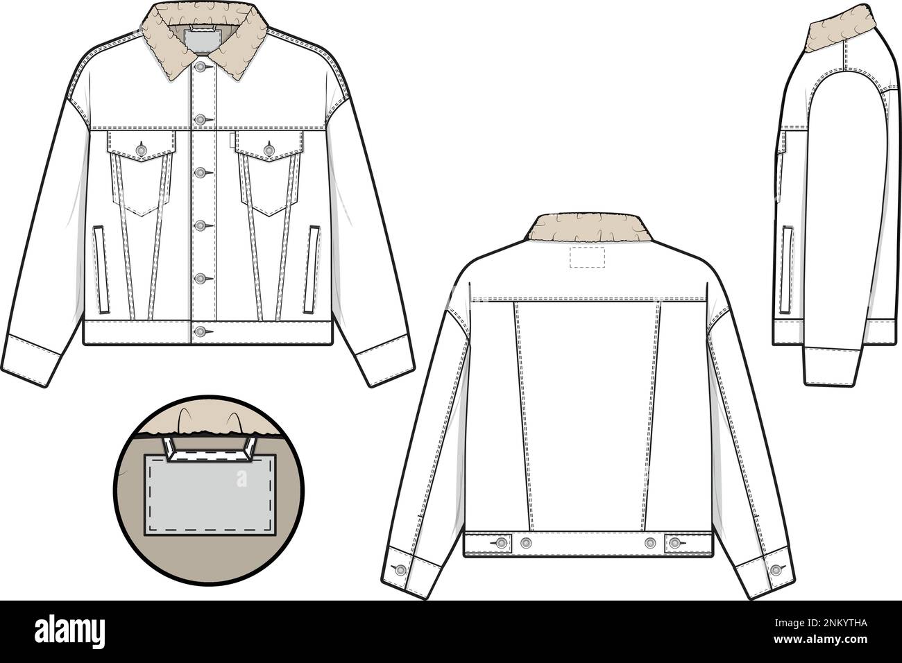 Unisex Men Sherpa denim jacket trucker vector flat technical drawing
