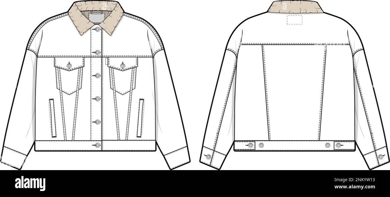 Women oversized sherpa denim jacket trucker vector flat technical drawing illustration mock-up template for design and tech packs fashion CAD Stock Vector