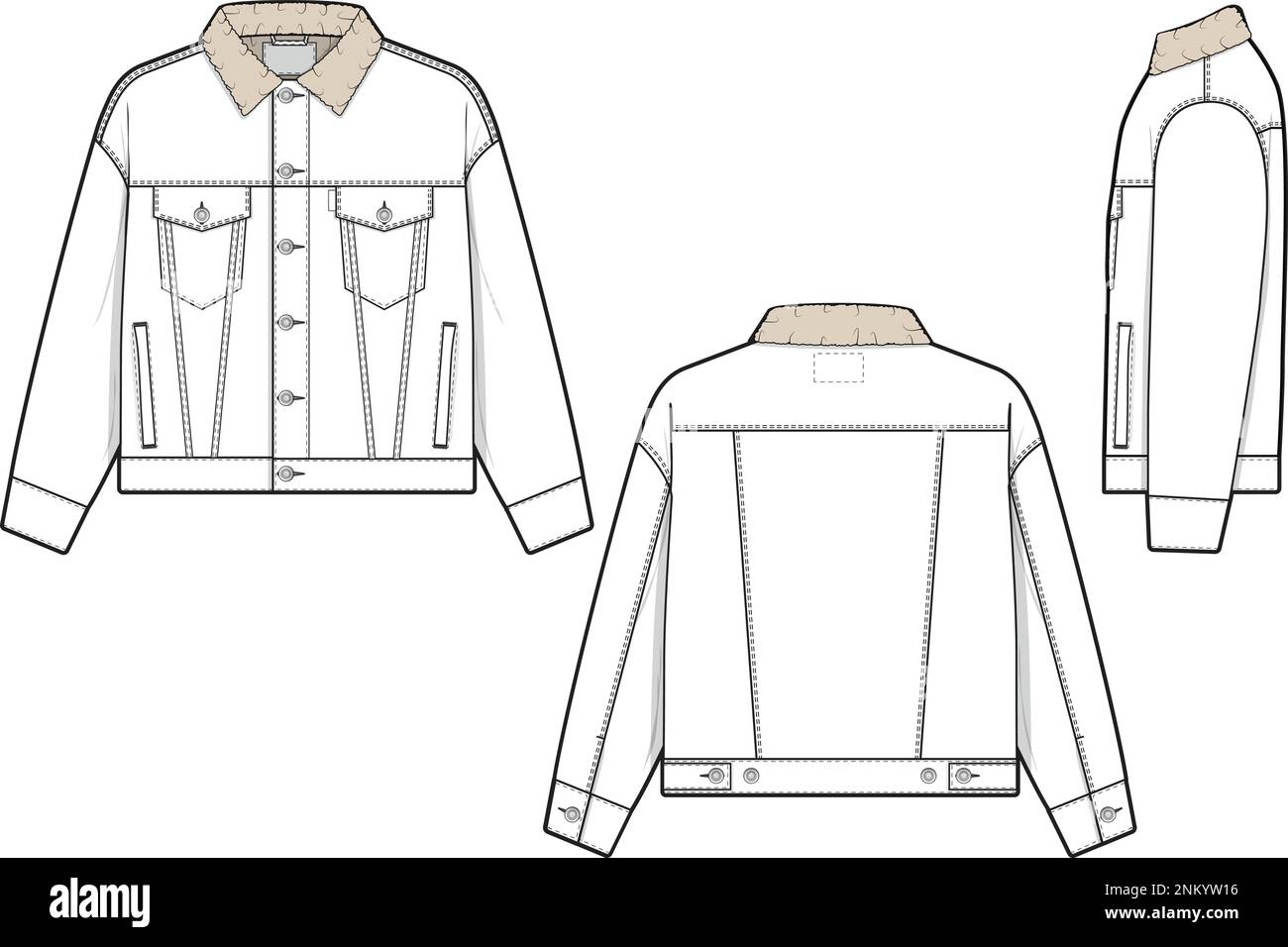 Unisex Men Sherpa denim jacket trucker vector flat technical drawing illustration mock-up template for design and tech packs fashion CAD streetwear Stock Vector