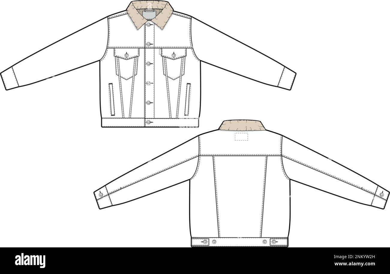 Unisex Men Sherpa denim jacket trucker vector flat technical drawing illustration mock-up template for design and tech packs fashion CAD streetwear Stock Vector