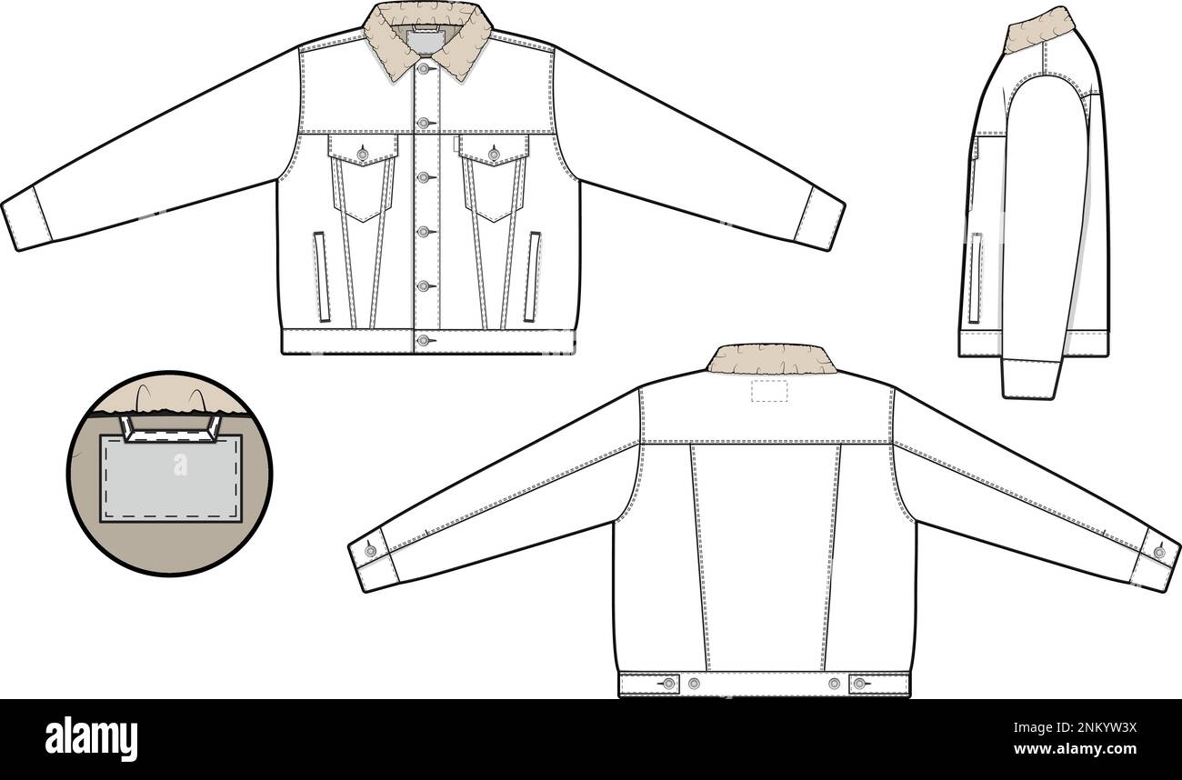 Men unisex sherpa denim vest trucker vector flat technical drawing illustration mock-up template for design and tech packs fashion CAD streetwear Stock Vector