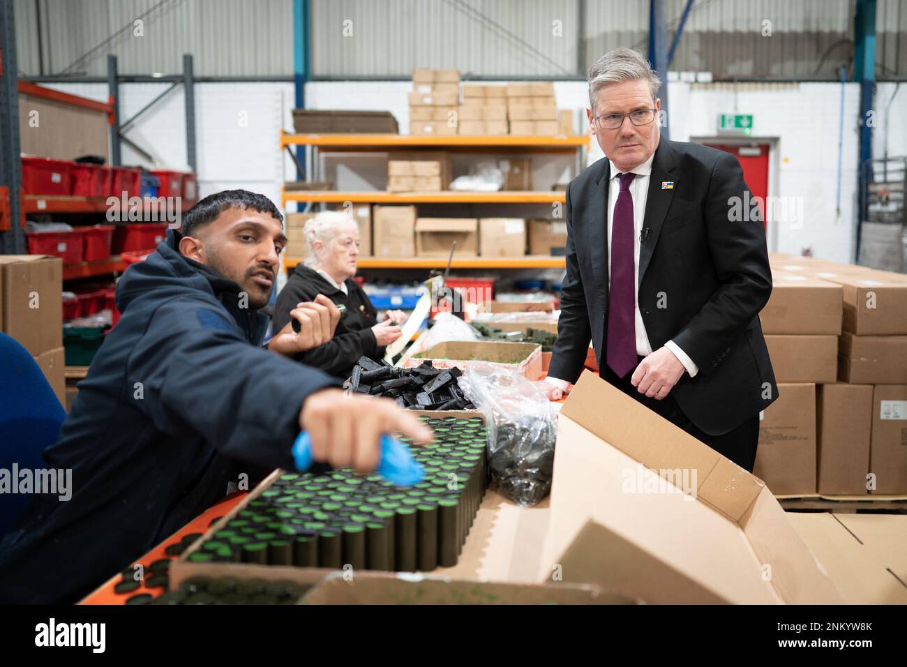 Leader of the Labour Party Sir Keir Starmer during his visit to BCB International Cardiff, Wales, where they are making medical supplies for the Ukrainian army after he observed a minute's silence to mark the one-year anniversary of the Russian invasion of Ukraine. Picture date: Friday February 24, 2023. Stock Photo