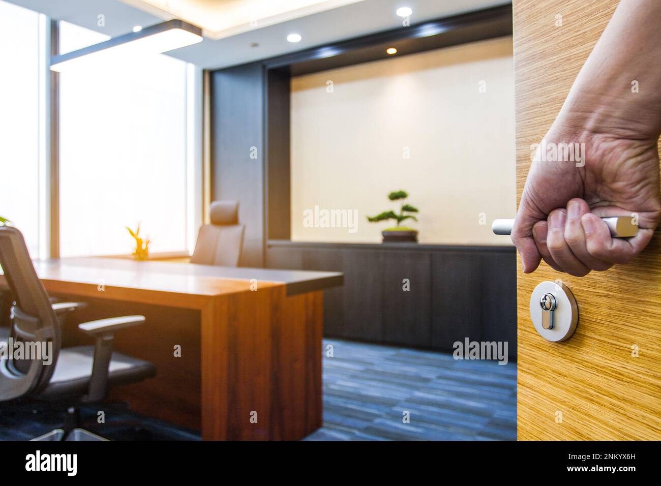 A closeup of a hand grabbing a door knob of a business room at office