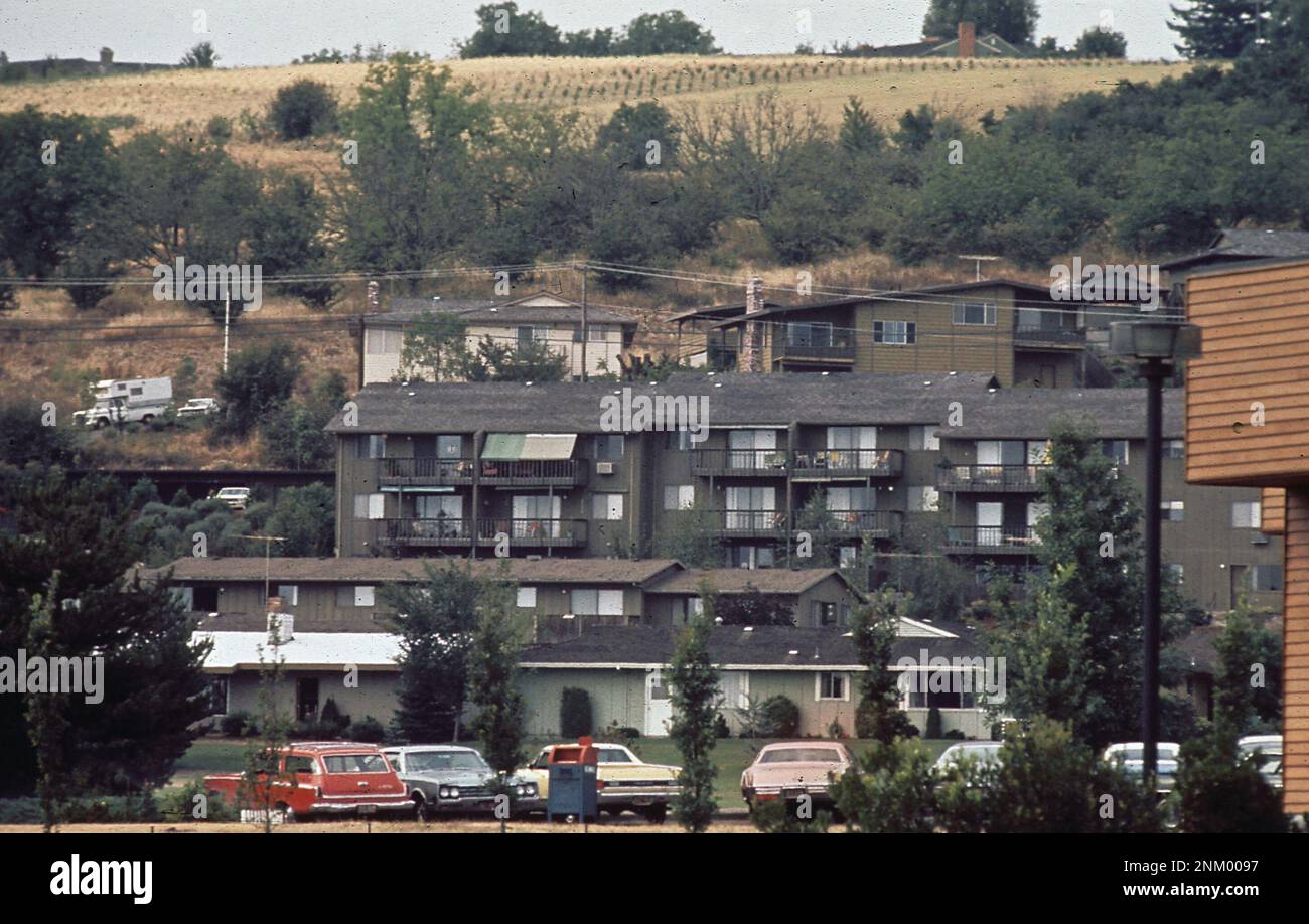 1970s United States Apartments and houses rise in tiers below the