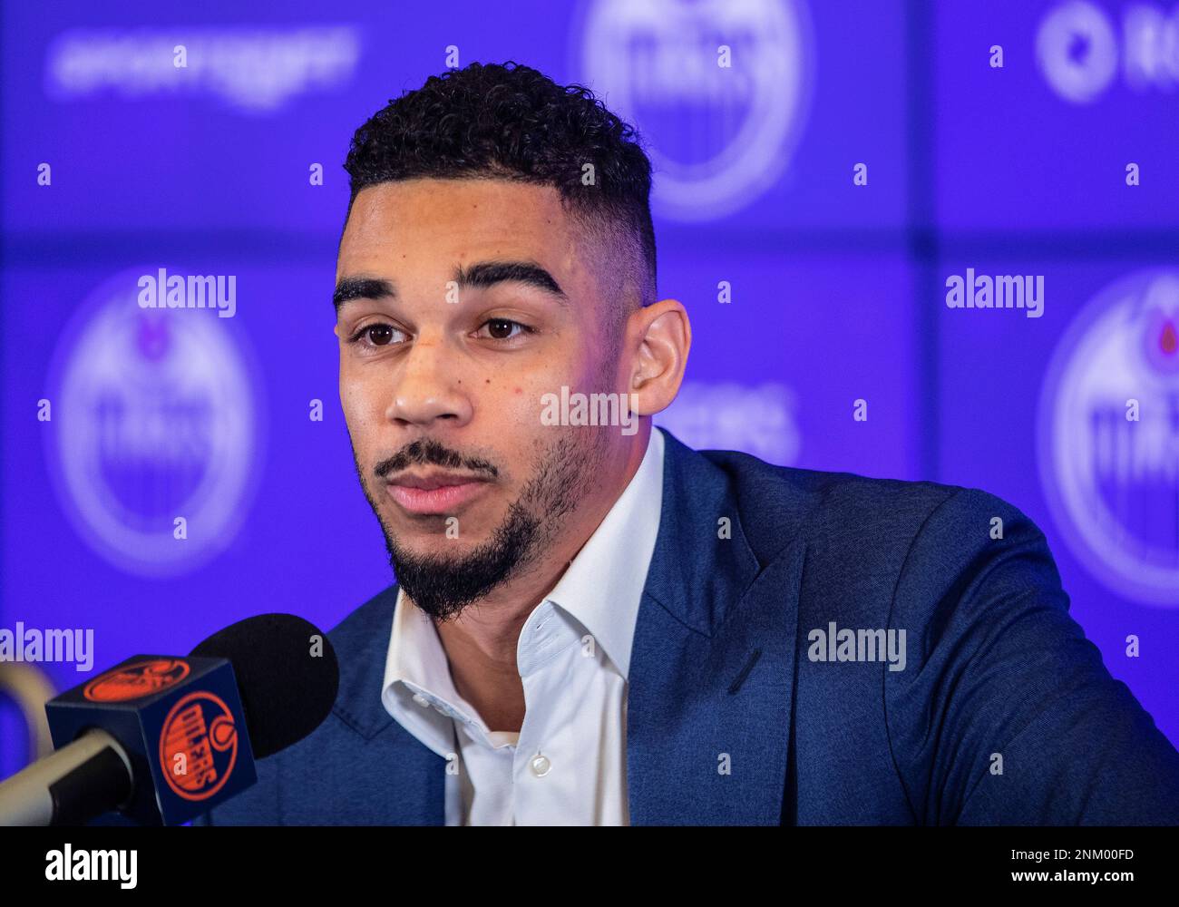 New Edmonton Oilers NHL hockey player Evander Kane speaks during a
