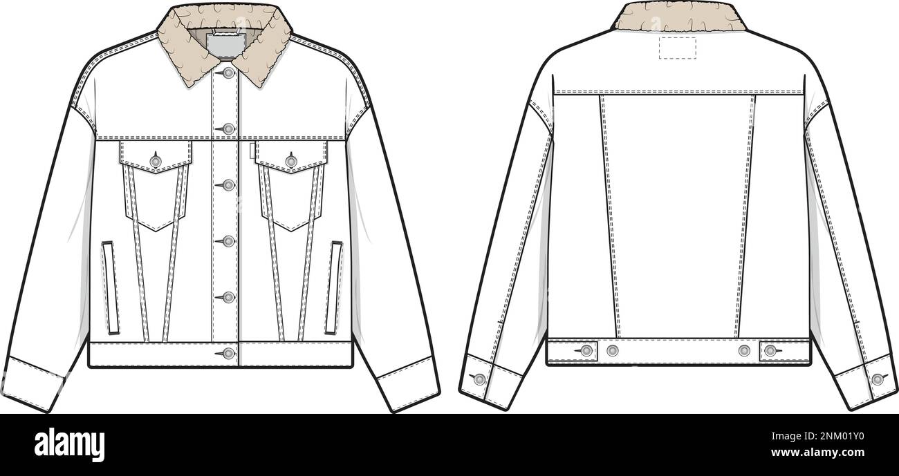 Women sherpa denim vest trucker vector flat technical drawing illustration mock-up template for design and tech packs fashion CAD streetwear fashion Stock Vector