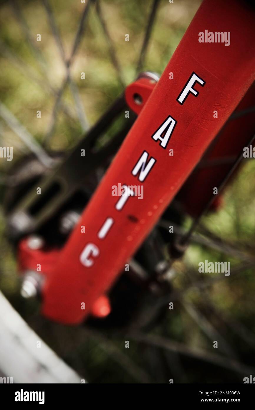Front forks of Fantic trials motorcycle Stock Photo Alamy