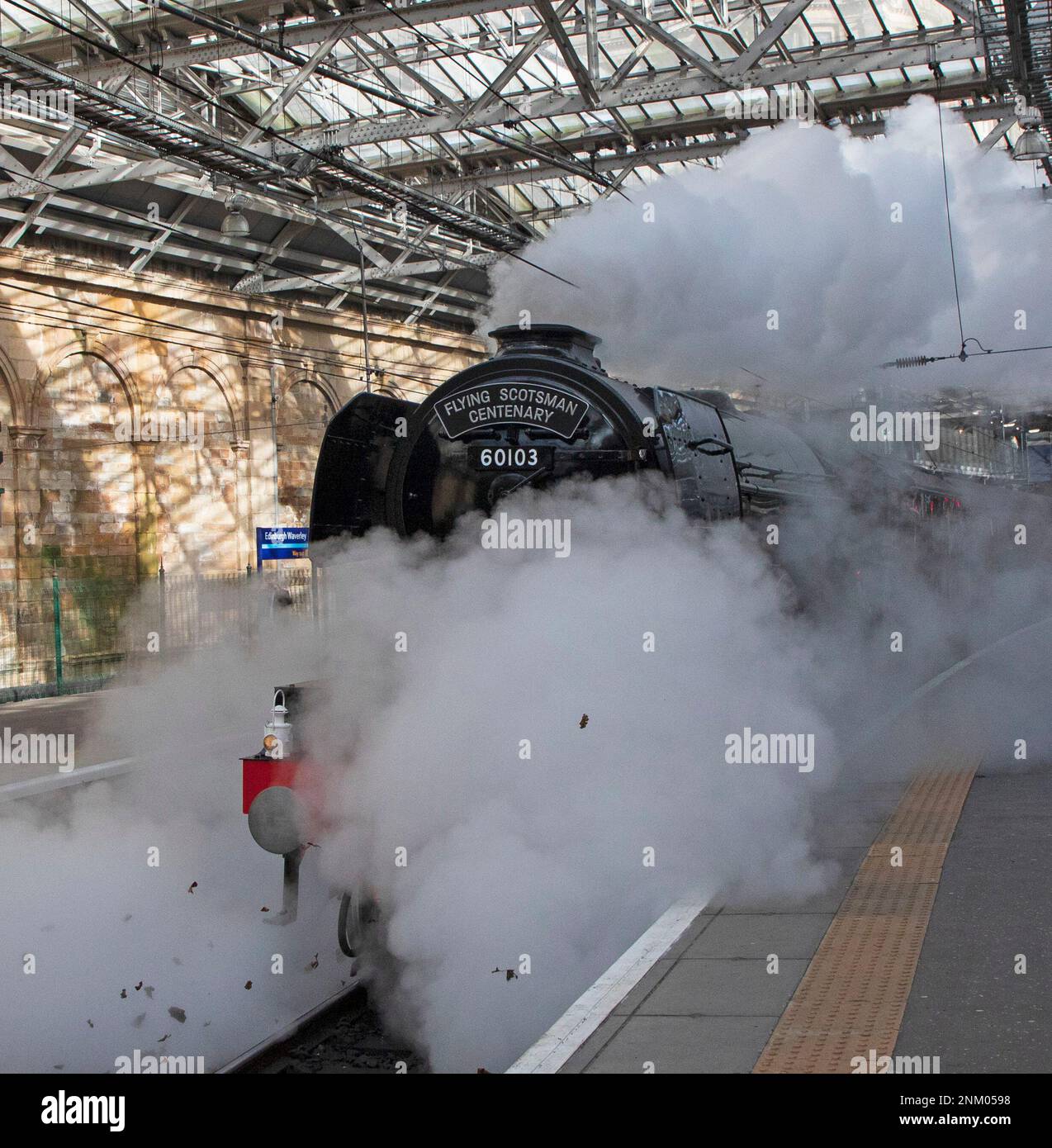 Edinburgh, Scotland, UK. 24 February 2023. The Flying Scotsman Centenary steam engine leaves Edinburgh Waverley after a reception for invited guests, celebrating 100 years of the golden age of British ingenuity, invention and craftmanship. Credit: Archwhite/alamy live news. Stock Photo
