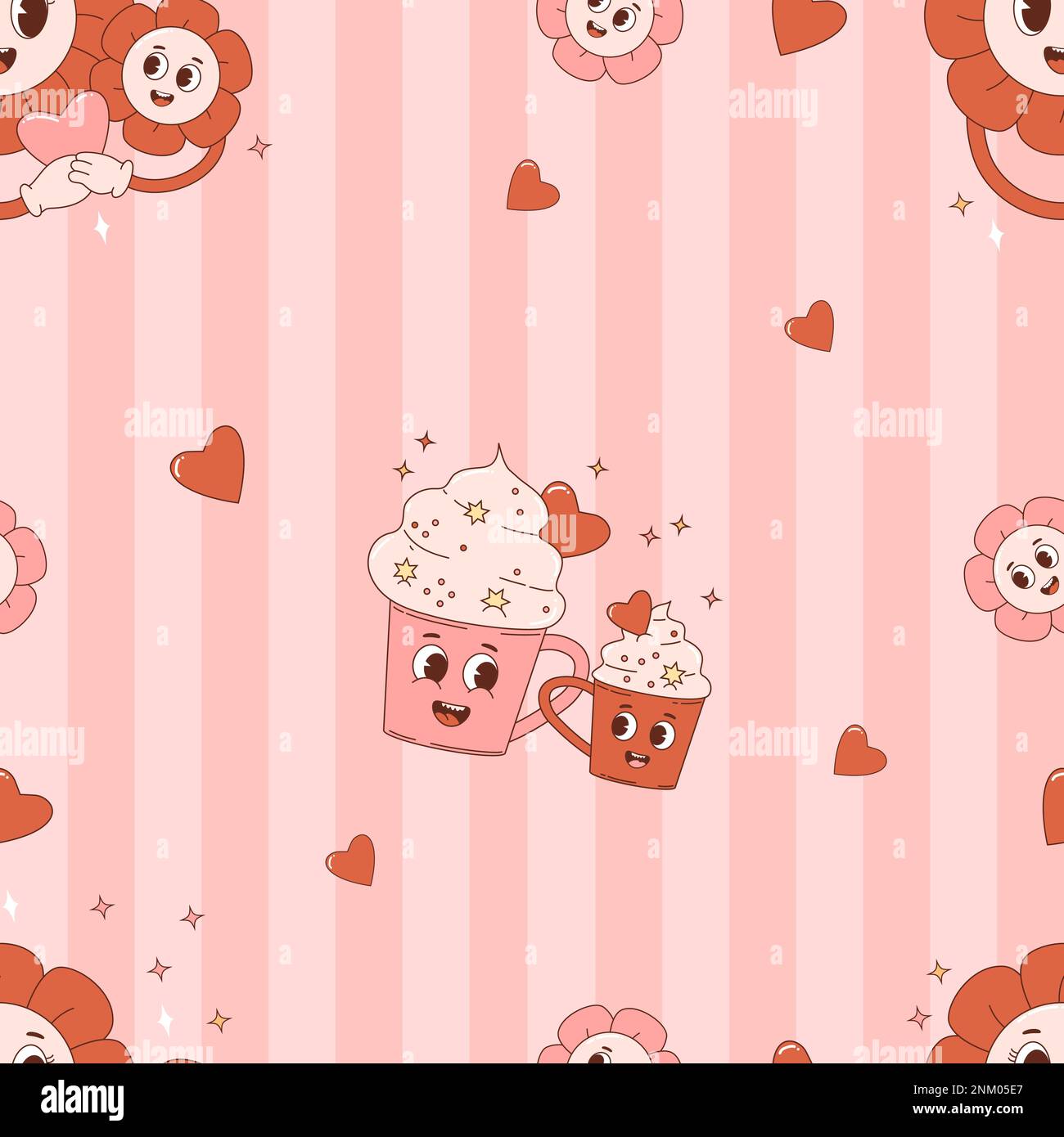 Seamless pattern. Retro cartoon characters cups and Groovy Daisy flowers Power on pink background with hearts. Vector Illustration for wallpaper, desi Stock Vector