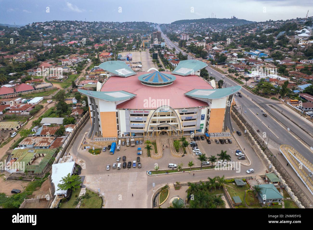 Mwanza, Tanzania - 02.22.2023 - Drone view of the Rock City Mall, next to Lake Victoria. Popular shopping centre in Tanzania. Stock Photo