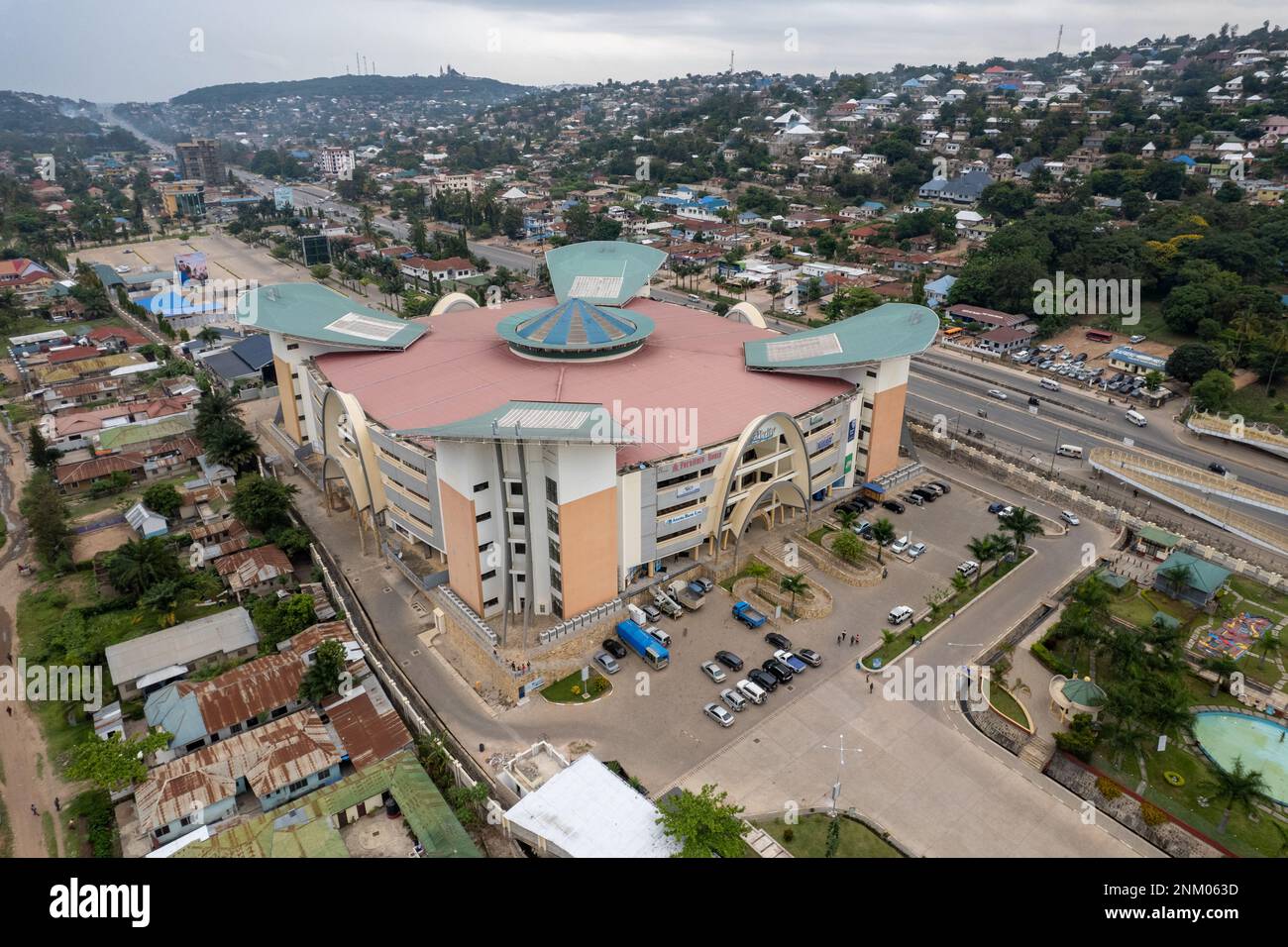 Mwanza, Tanzania - 02.22.2023 - Drone view of the Rock City Mall, next to Lake Victoria. Popular shopping centre in Tanzania. Stock Photo