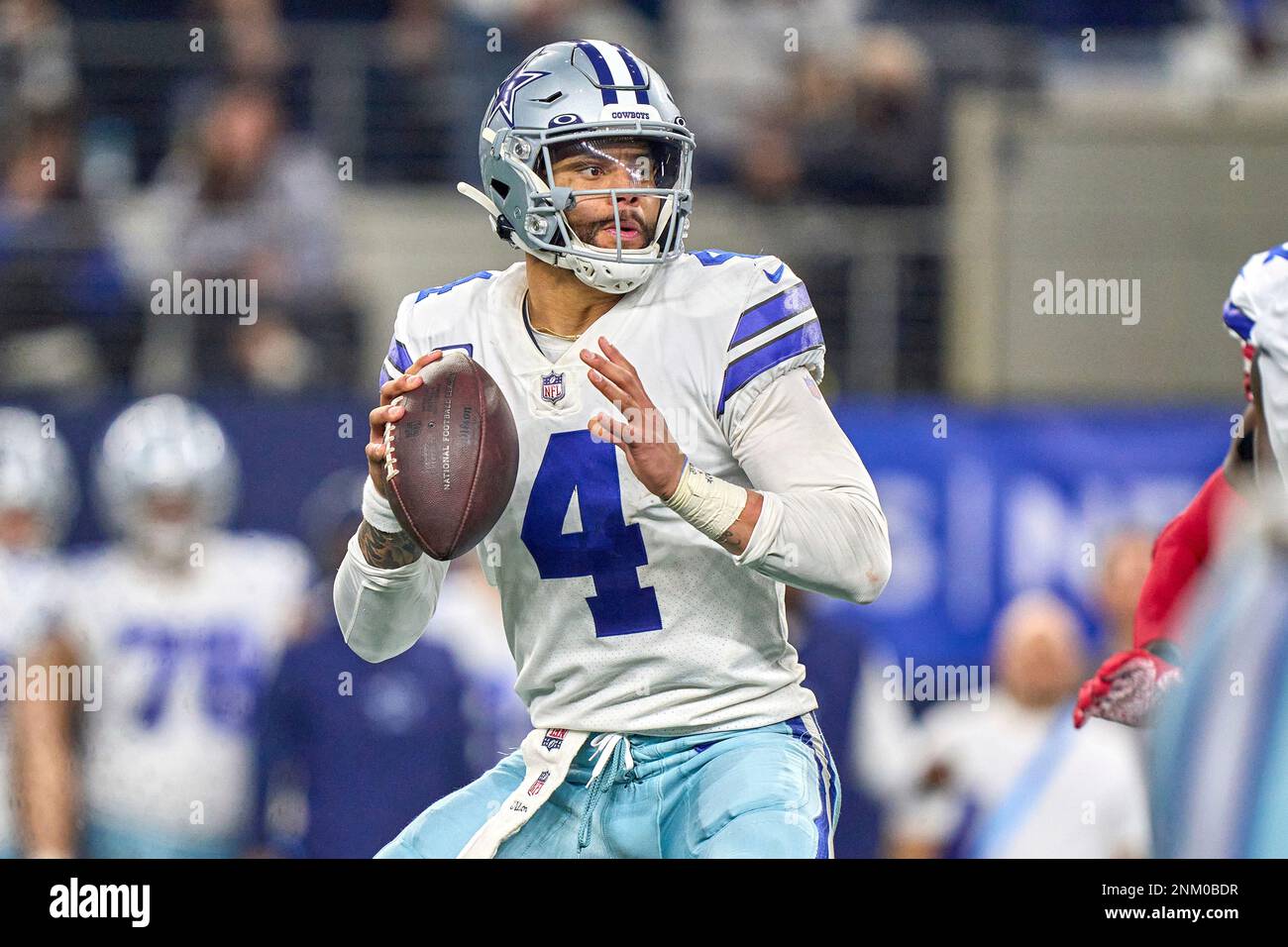 ARLINGTON, TX - JANUARY 16: Dallas Cowboys quarterback Dak Prescott (4)  throws the football during the NFC Wild Card game between the San Francisco  49ers and the Dallas Cowboys on January 16,