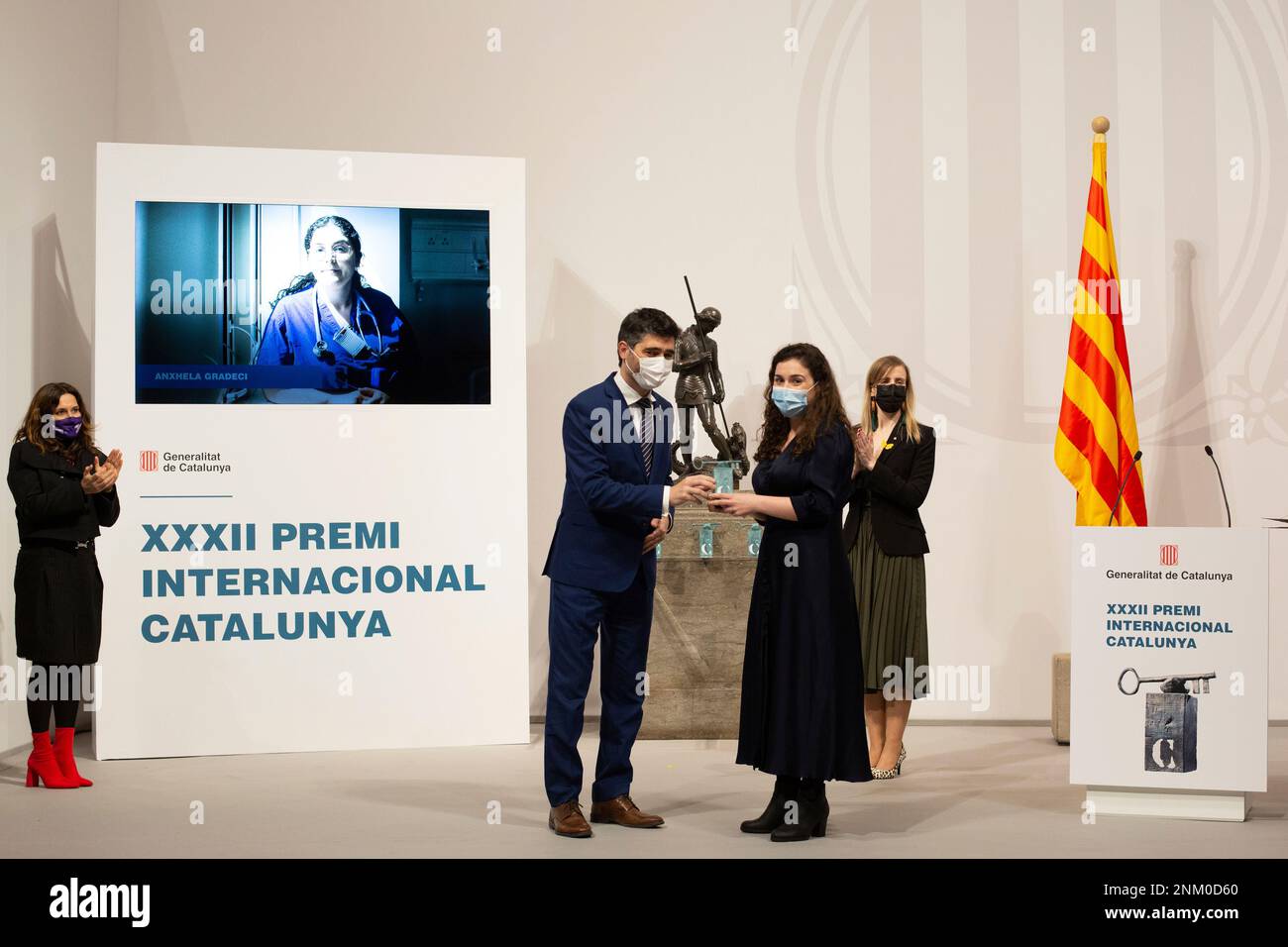 The Minister of Digital Policies and Territory, Jordi Puigneró (2l), and  the award winner Anxhela Gradeci (2l), at the presentation of the XXXII  Premi Internacional Catalunya, on January 25, 2022, in Barcelona,