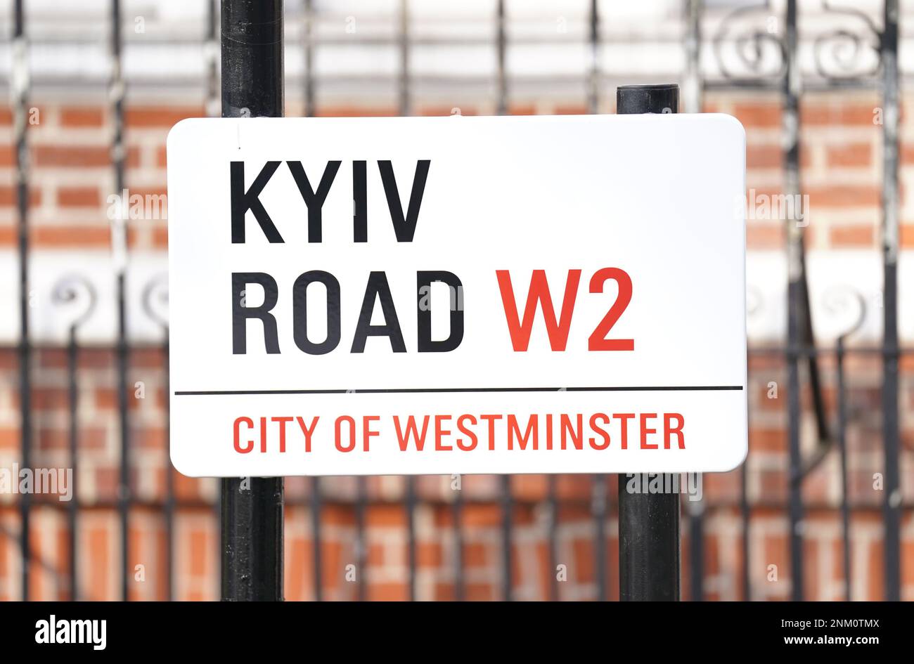 A road name sign installed on a Westminster street which has been renamed Kyiv Road to mark the first anniversary of Russia's invasion of Ukraine. The new address covers a small section of Bayswater Road, running from Palace Court to Ossington Street, and is a short distance from the Russian embassy. Picture date: Friday February 24, 2023. Stock Photo