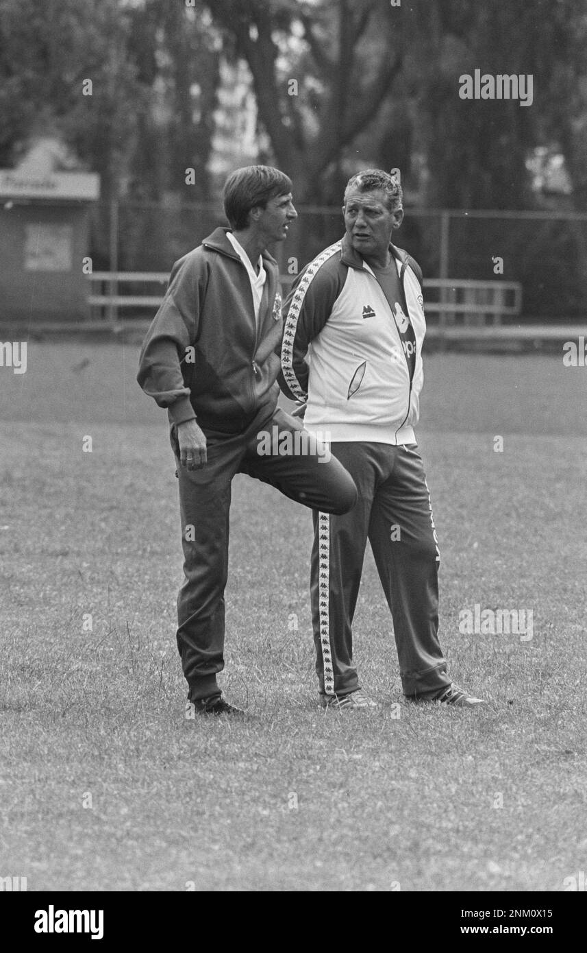 First Ajax training new season; Johan Cruijff (l) and Cor van der Hart