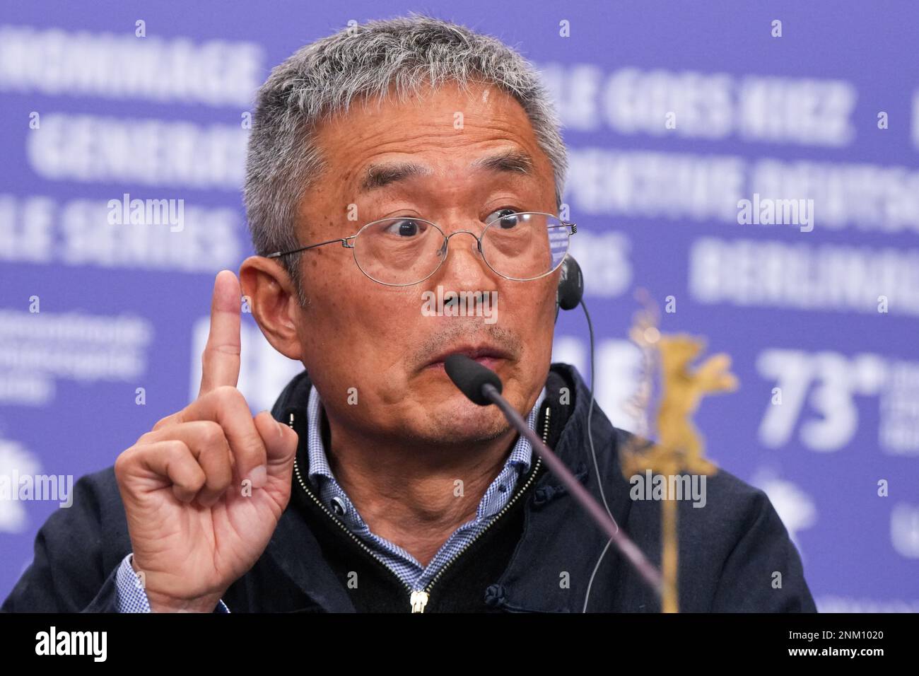 Berlin, Germany. 24th Feb, 2023. Wen Mao, actor, speaks at the press conference for the film 'L'Ultima Notte di Amore' (Last Night of Amore), which will screen in the Berlinale Special Gala section of the Berlinale. The 73rd Berlin International Film Festival will take place from Feb. 16-26, 2023. Credit: Soeren Stache/dpa/Alamy Live News Stock Photo